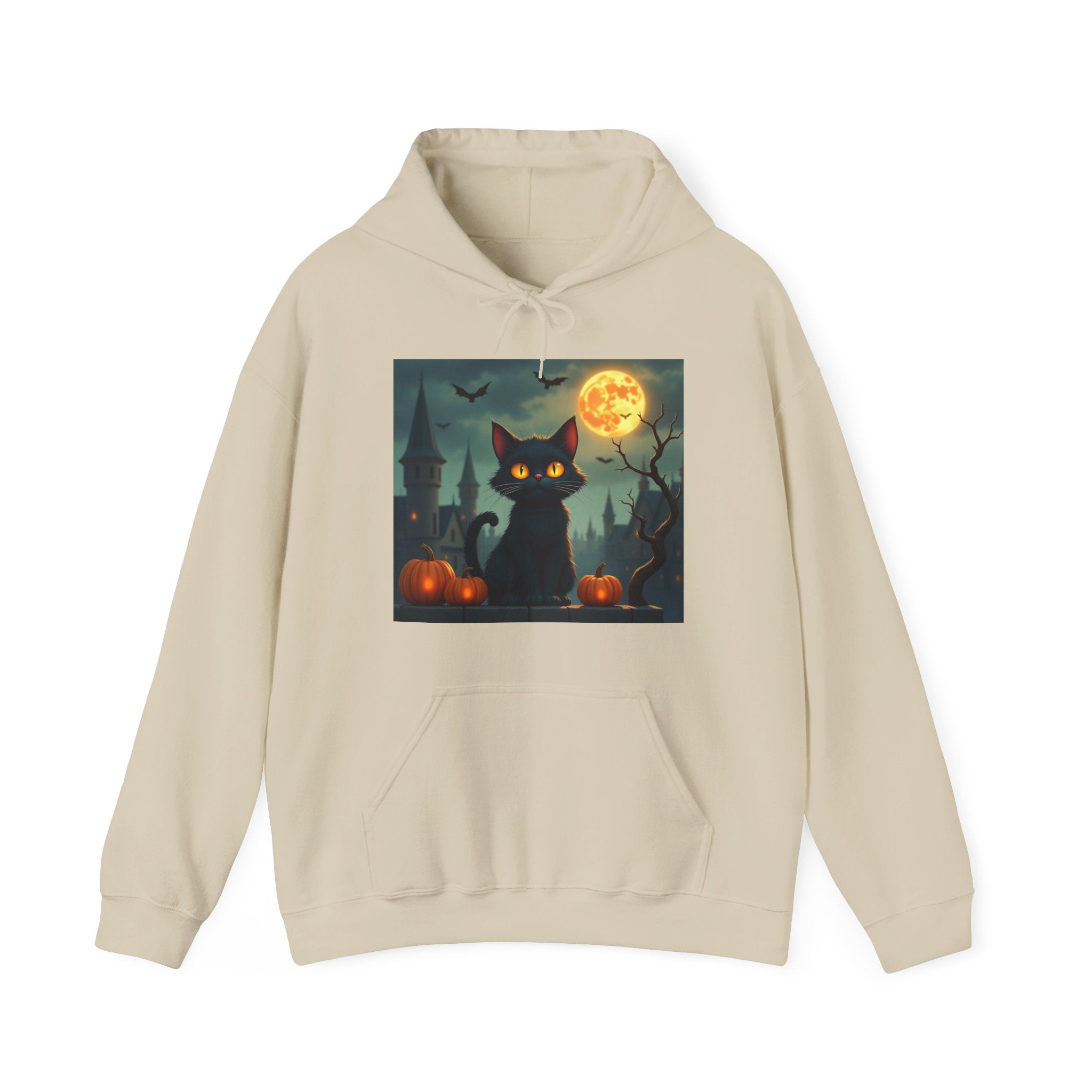 Beige hoodie with a Halloween-themed graphic of a black cat, full moon, and pumpkins on a white background.