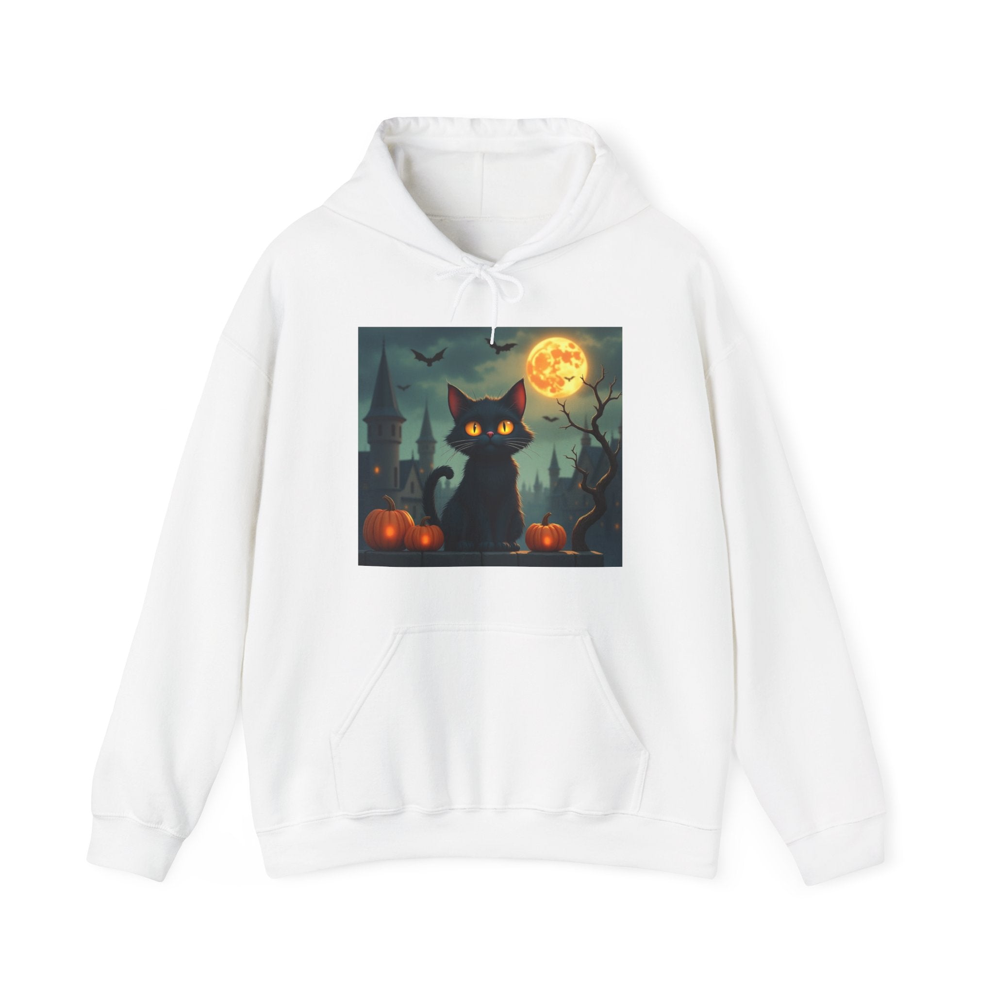 White hoodie with a Halloween-themed graphic of a black cat, pumpkins, and a full moon on a white background.