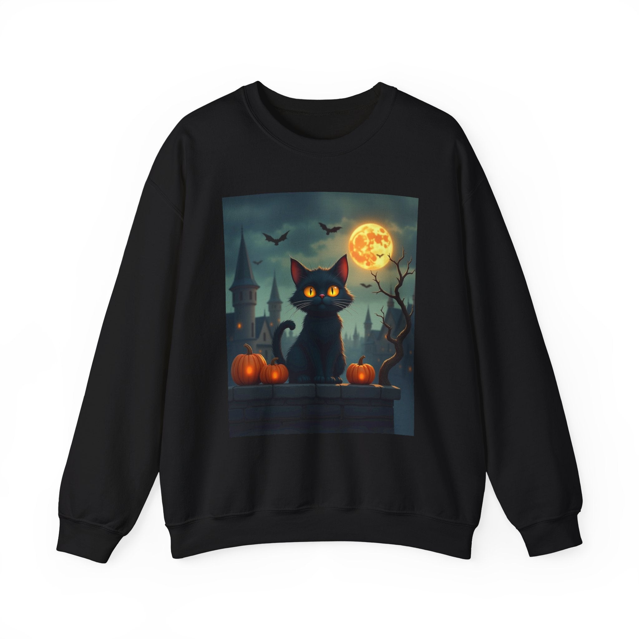 Black sweatshirt with a Halloween-themed graphic of a black cat, pumpkins, and a full moon.
