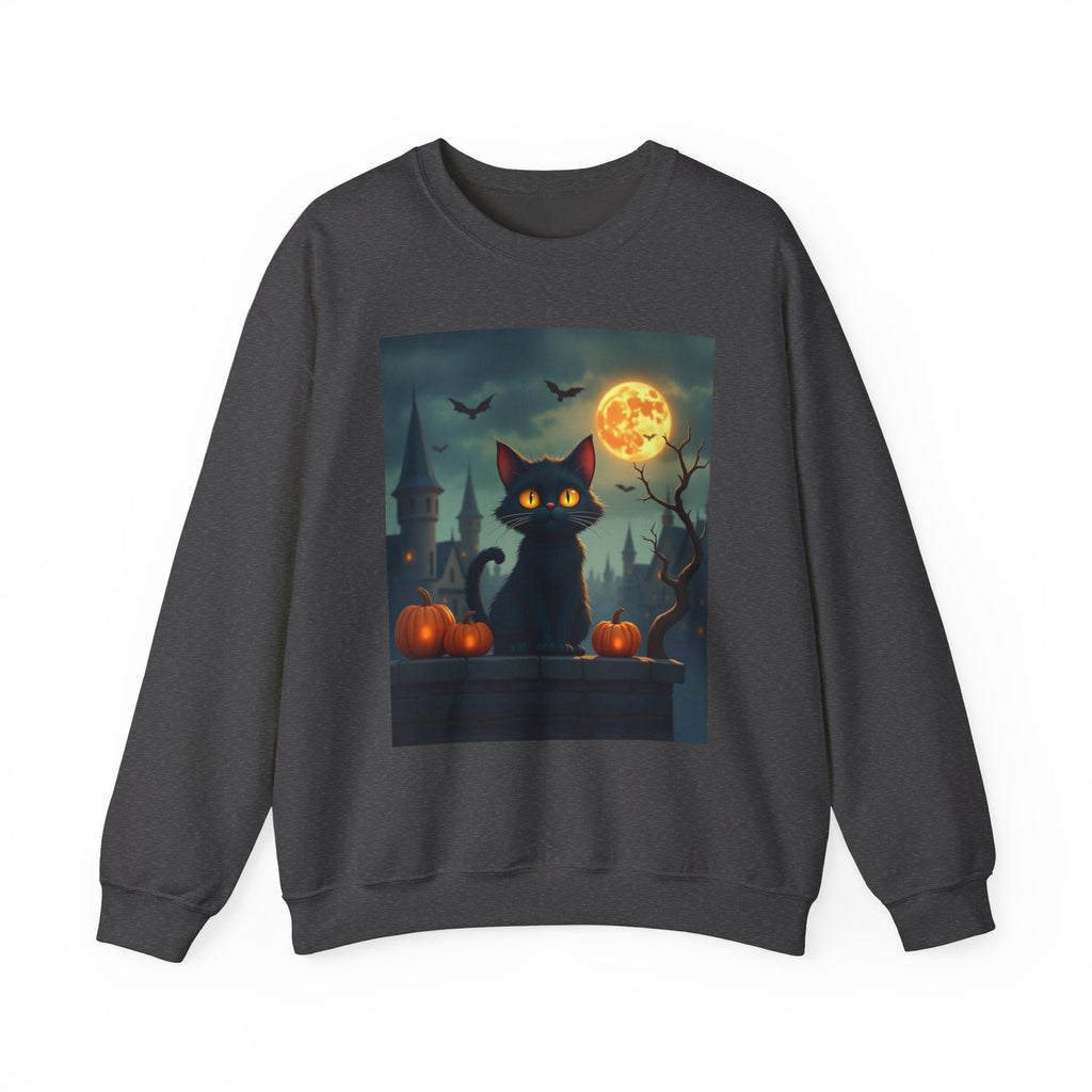 Dark heather gray sweatshirt with a Halloween-themed graphic of a black cat, pumpkins, and a full moon.
