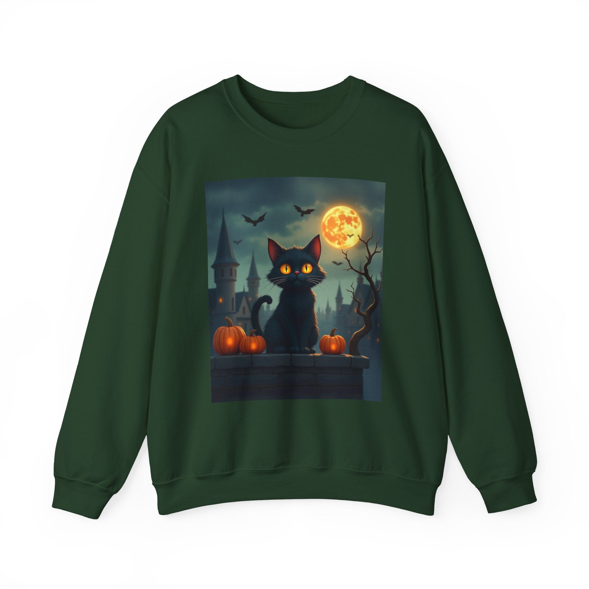 Forest green sweatshirt with a Halloween-themed design featuring a black cat, pumpkins, and a full moon.