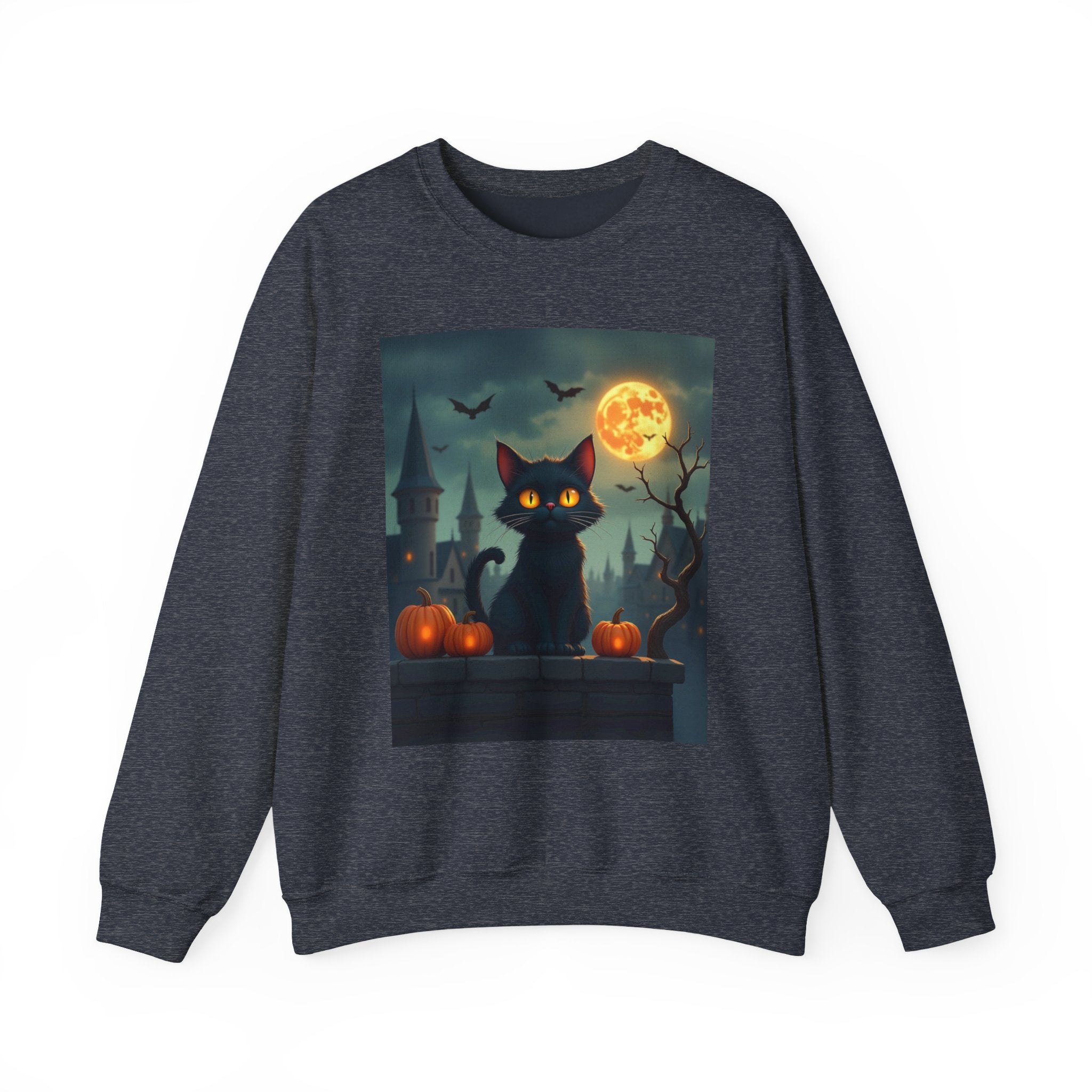 Dark navy gray sweatshirt with a Halloween-themed graphic of a black cat, pumpkins, and a full moon.