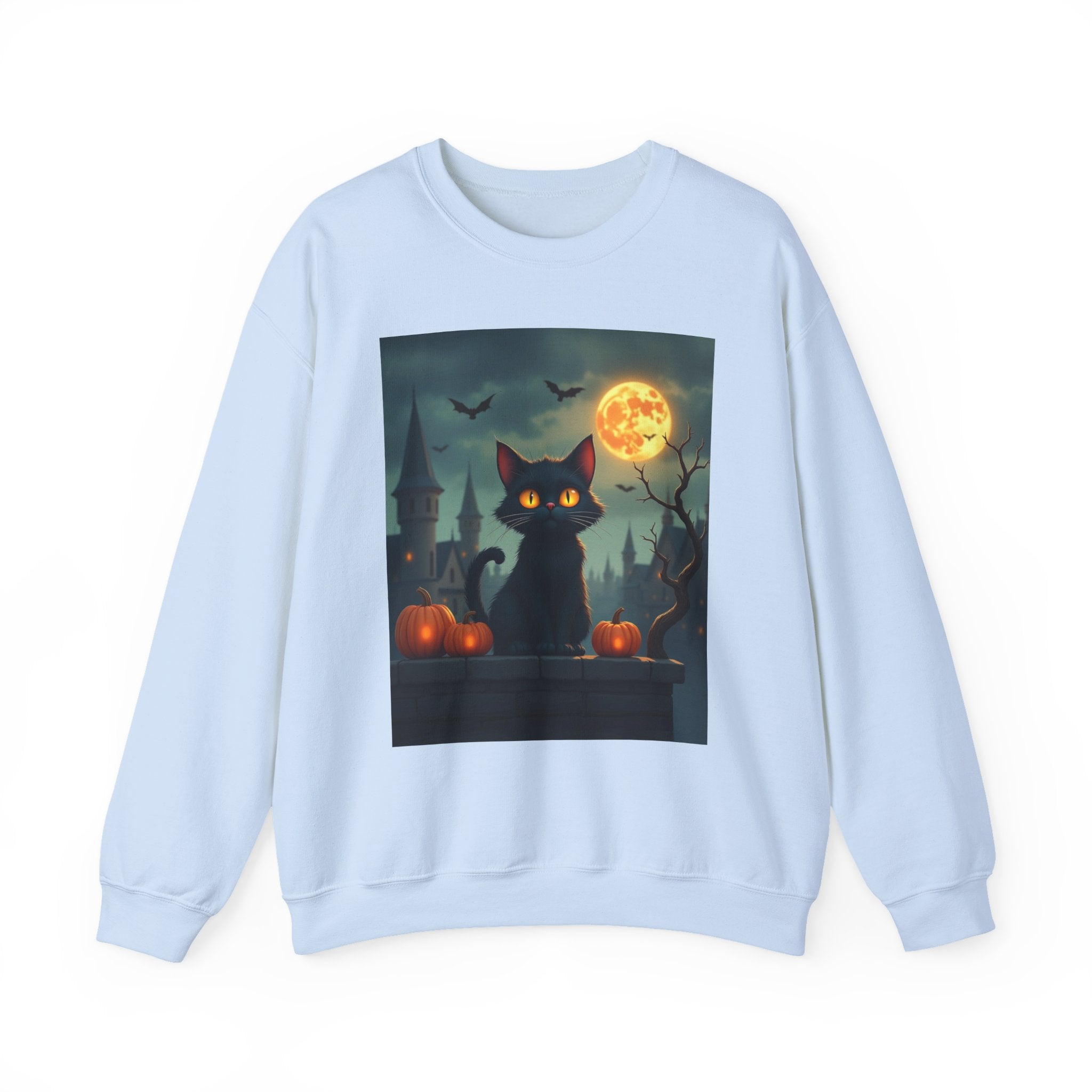Light blue sweatshirt with a Halloween-themed black cat design on a white background