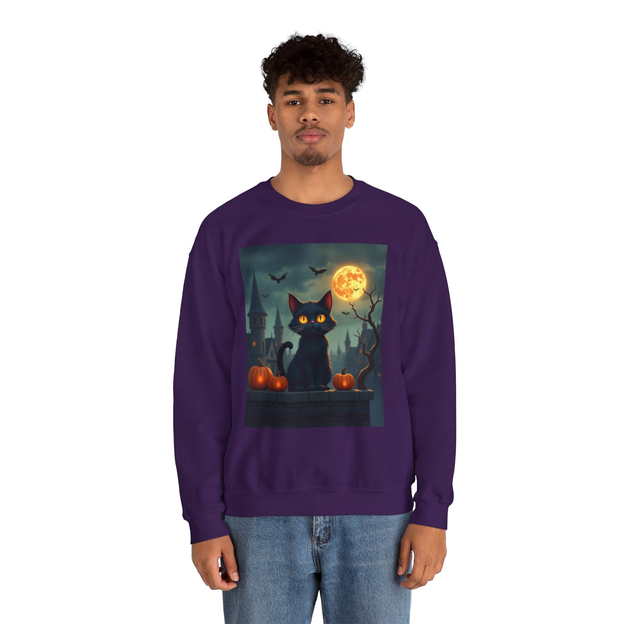 Person wearing a purple Halloween-themed sweatshirt with a black cat and pumpkins design.