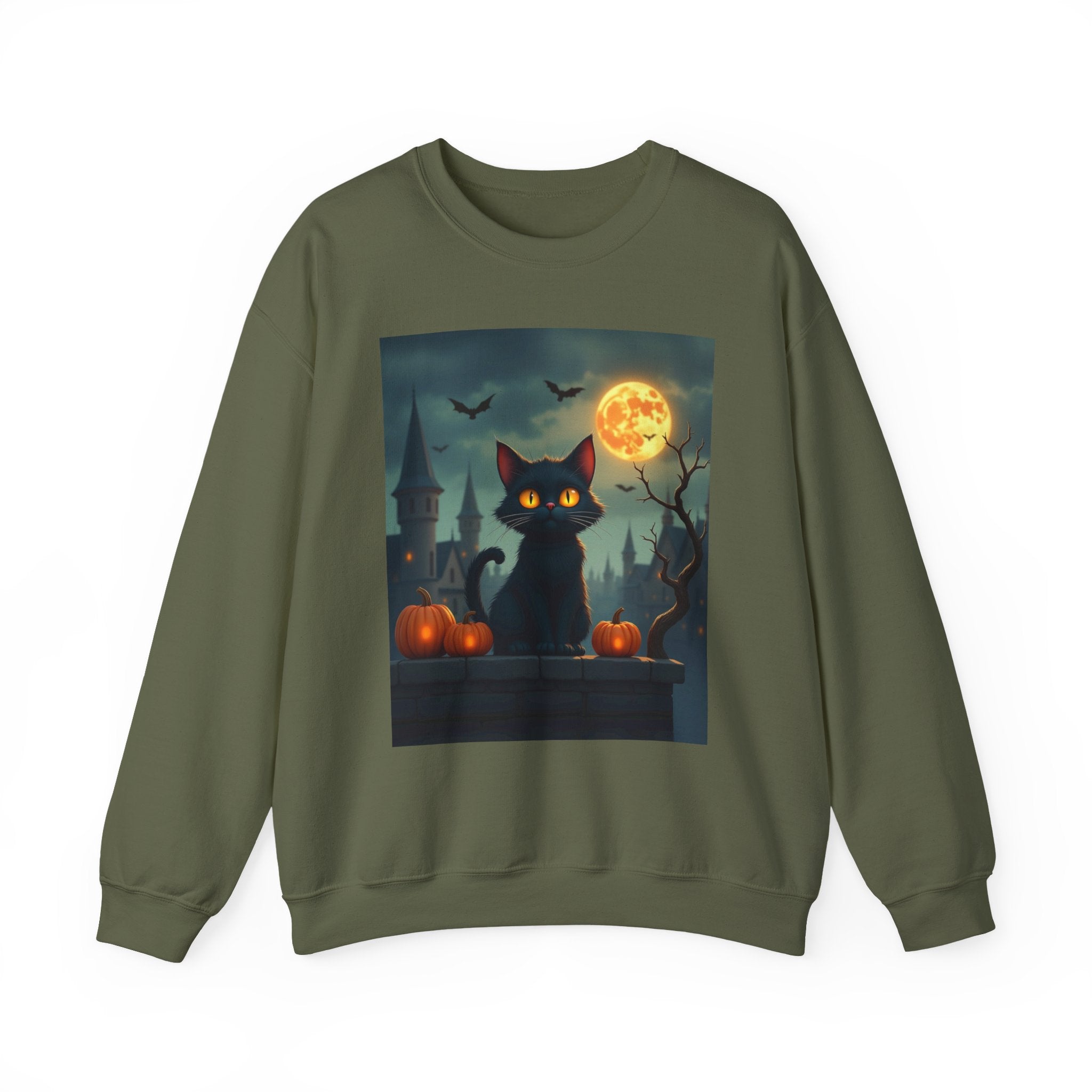 Military green sweatshirt with a Halloween-themed graphic of a black cat, pumpkins, and a full moon.