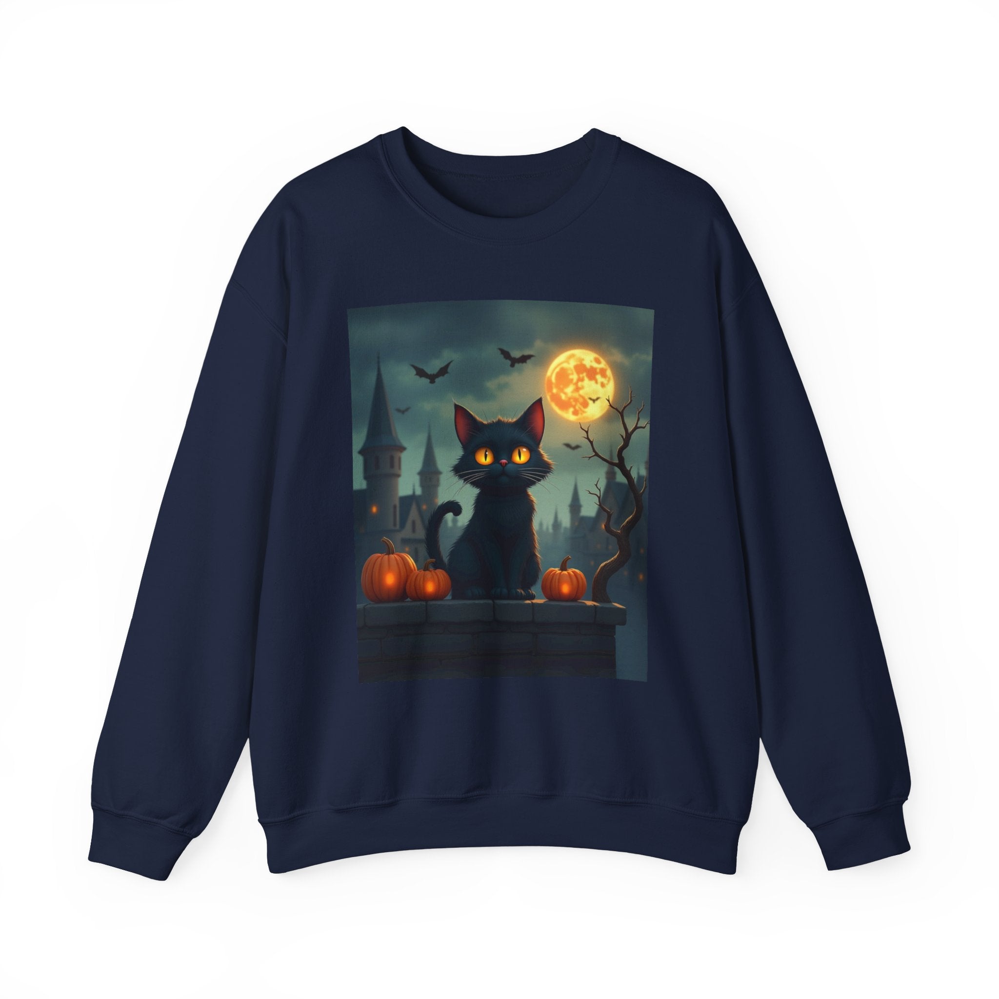 Navy blue sweatshirt with a Halloween-themed graphic of a black cat, full moon, and pumpkins on a white background.
