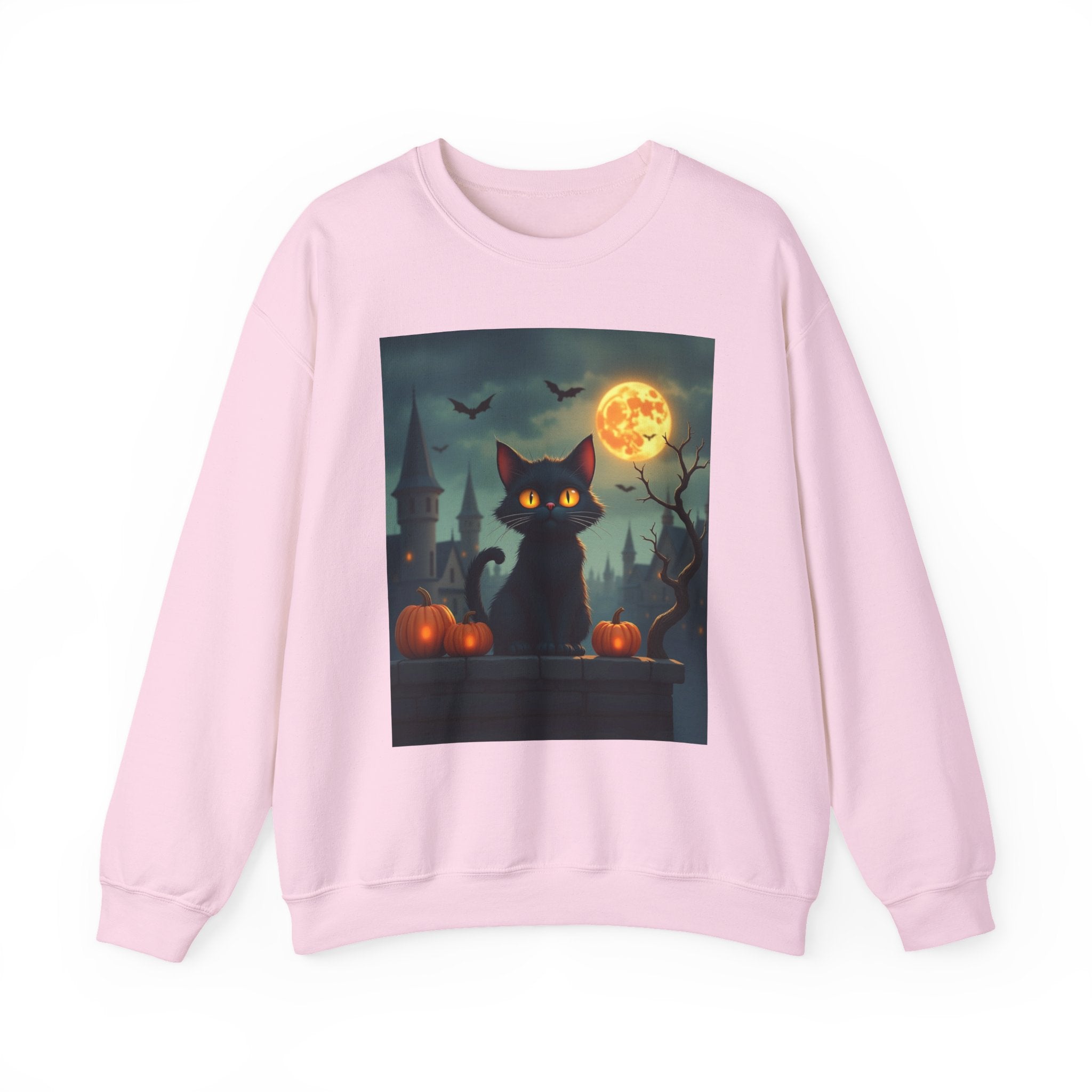 Pink sweatshirt with a Halloween-themed graphic of a black cat and full moon on a white background