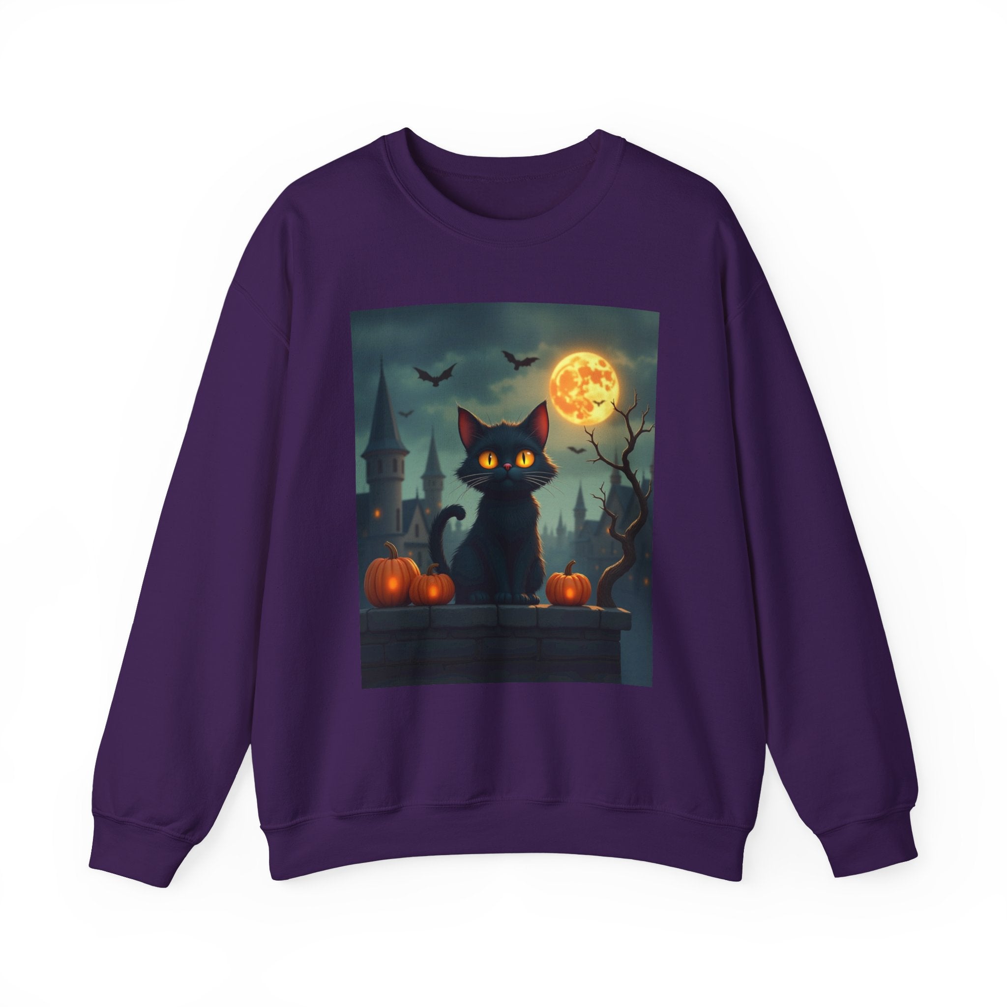 Purple sweatshirt with a Halloween-themed design featuring a black cat, pumpkins, and a full moon.