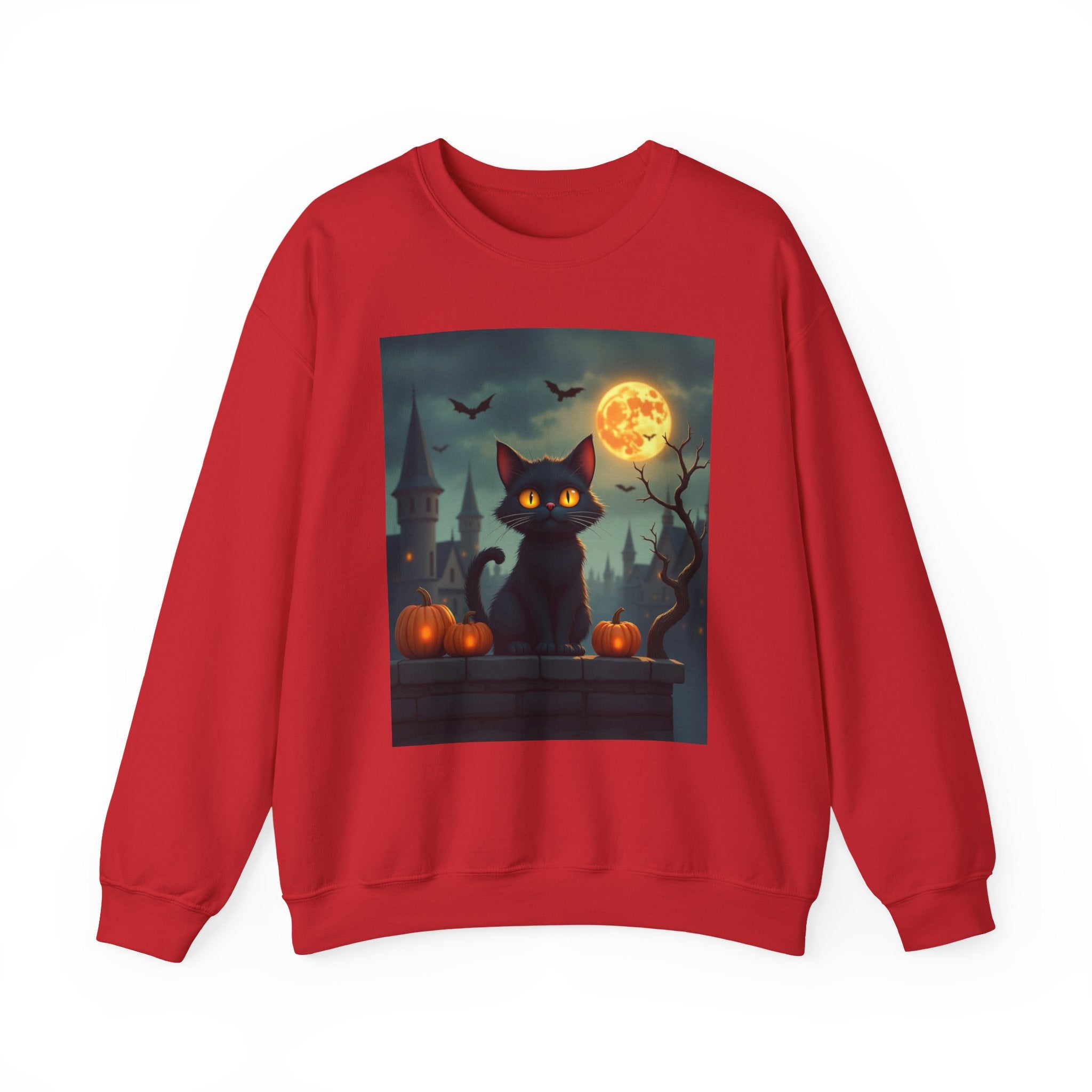 Red sweatshirt with a Halloween-themed graphic of a black cat, pumpkins, and a full moon.