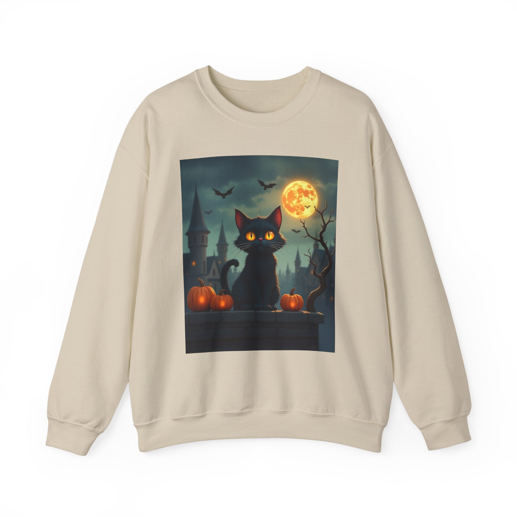 Beige sweatshirt with a Halloween-themed graphic of a black cat, full moon, and pumpkins on a white background.