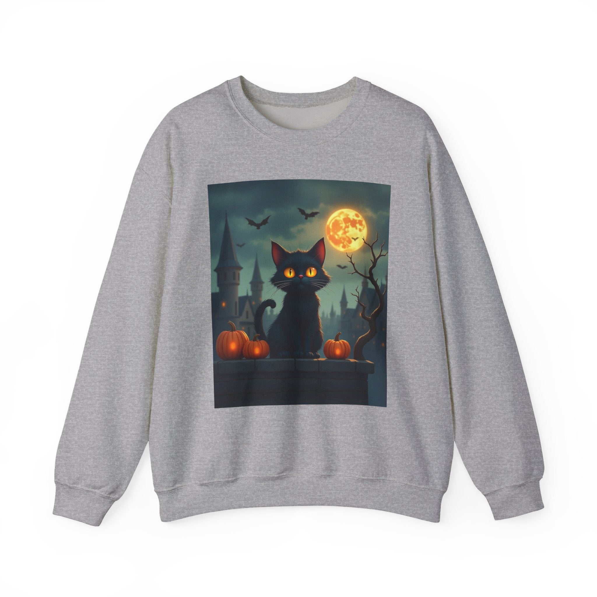 Gray sweatshirt with a Halloween-themed graphic of a black cat, full moon, and pumpkins on a white background.