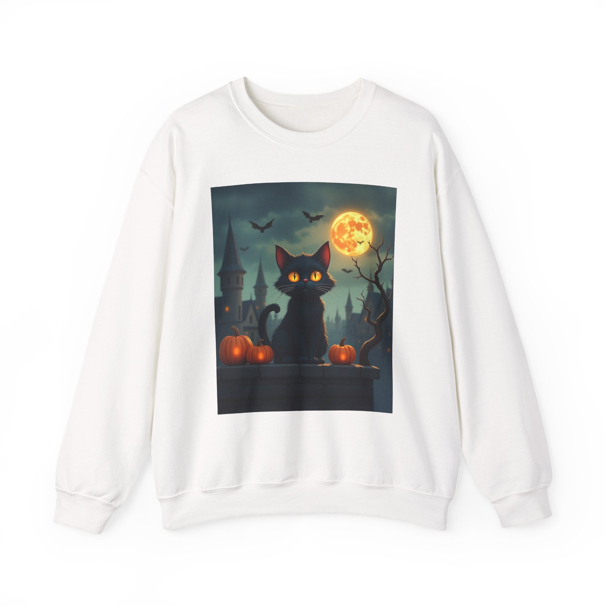 White sweatshirt with a Halloween-themed graphic of a black cat, full moon, and pumpkins on a white background.