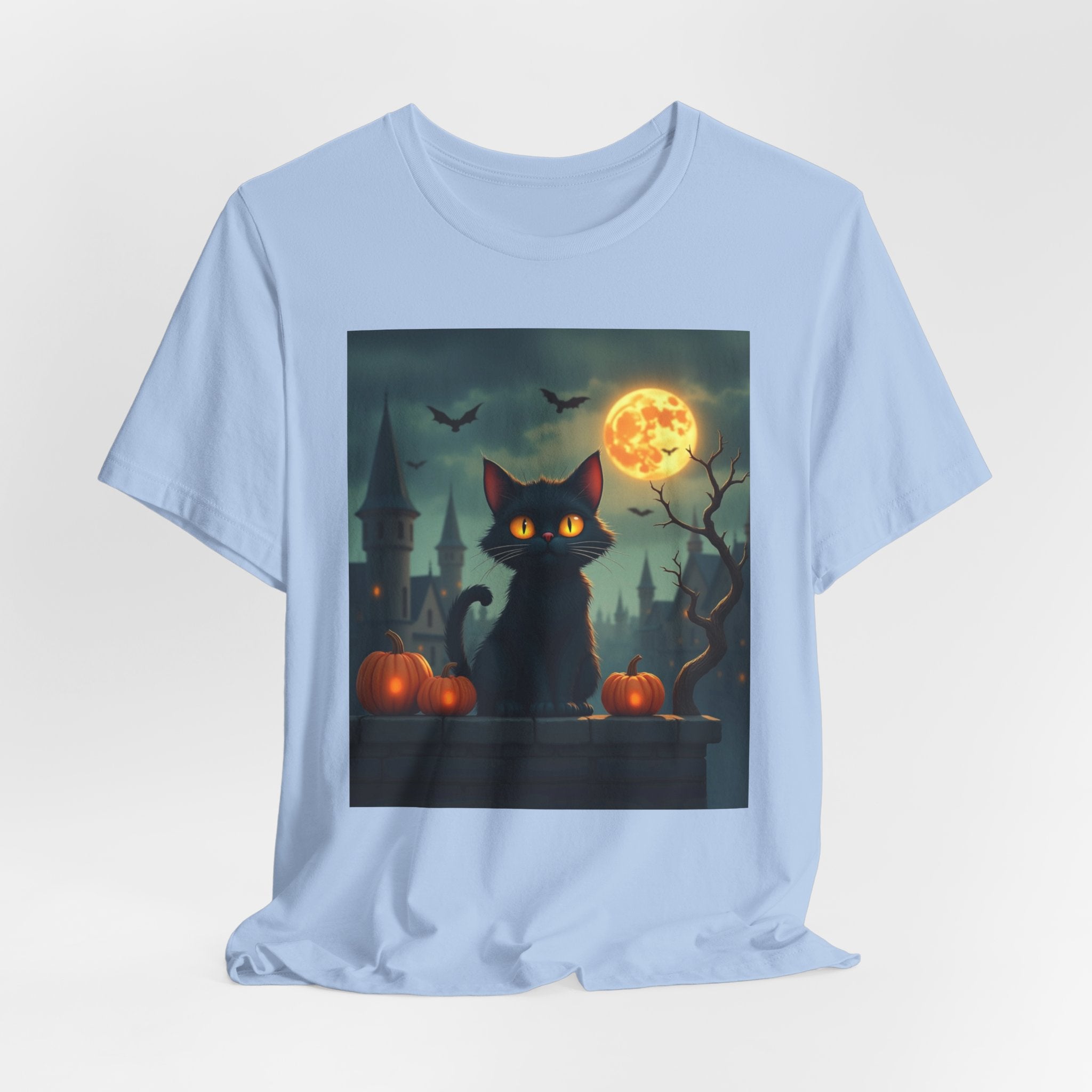 Light blue t-shirt with a Halloween-themed graphic of a black cat, pumpkins, and a full moon.
