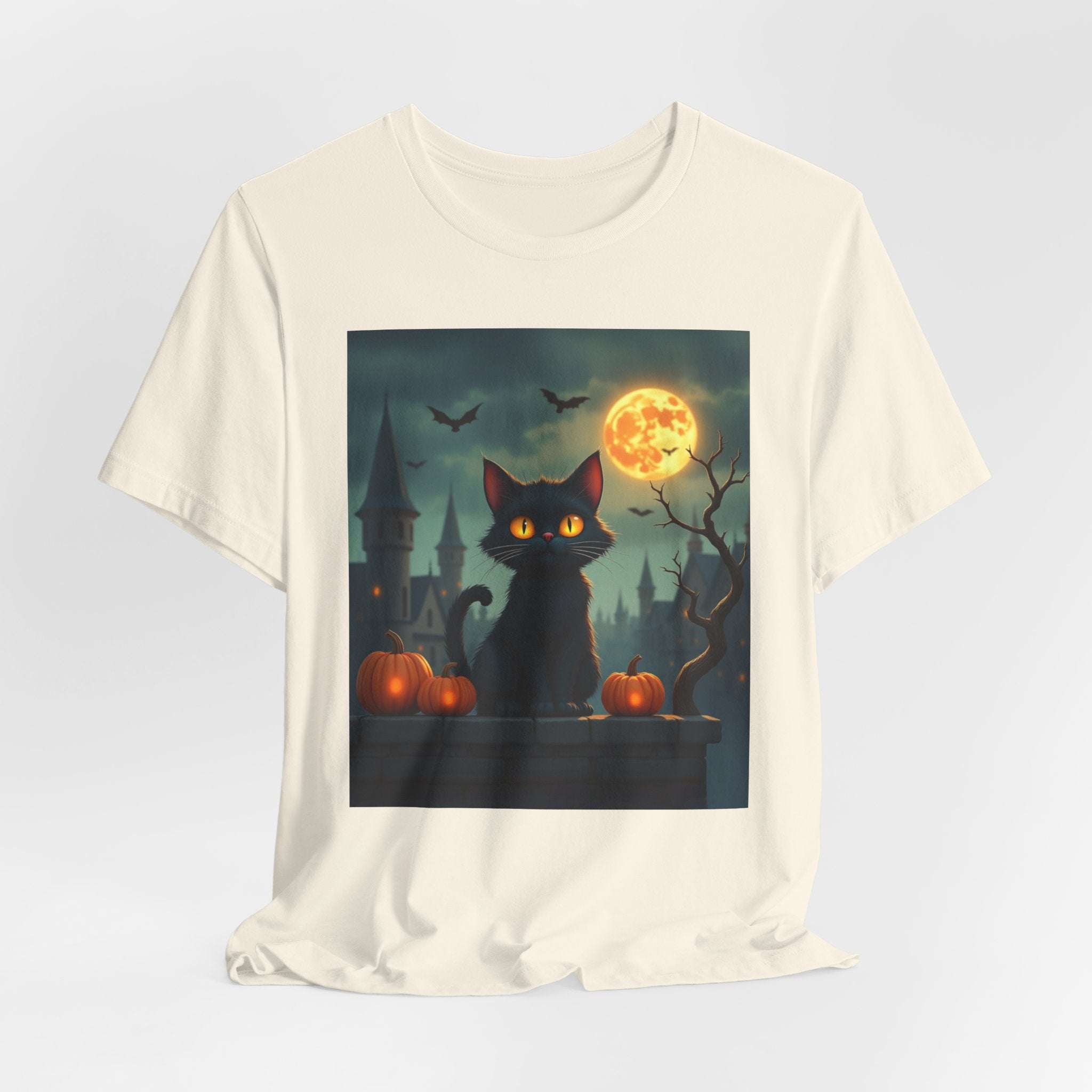 Natural beige t-shirt with a Halloween-themed graphic of a black cat, pumpkins, and a castle.
