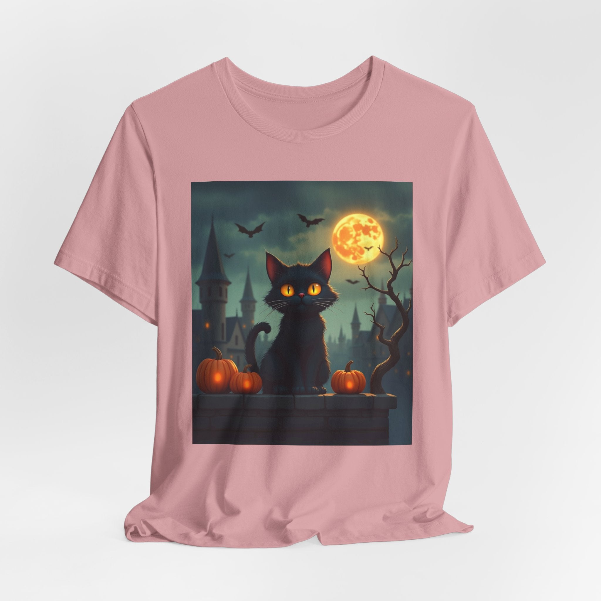 Orchid pink t-shirt with a Halloween-themed graphic of a black cat, pumpkins, and a full moon.