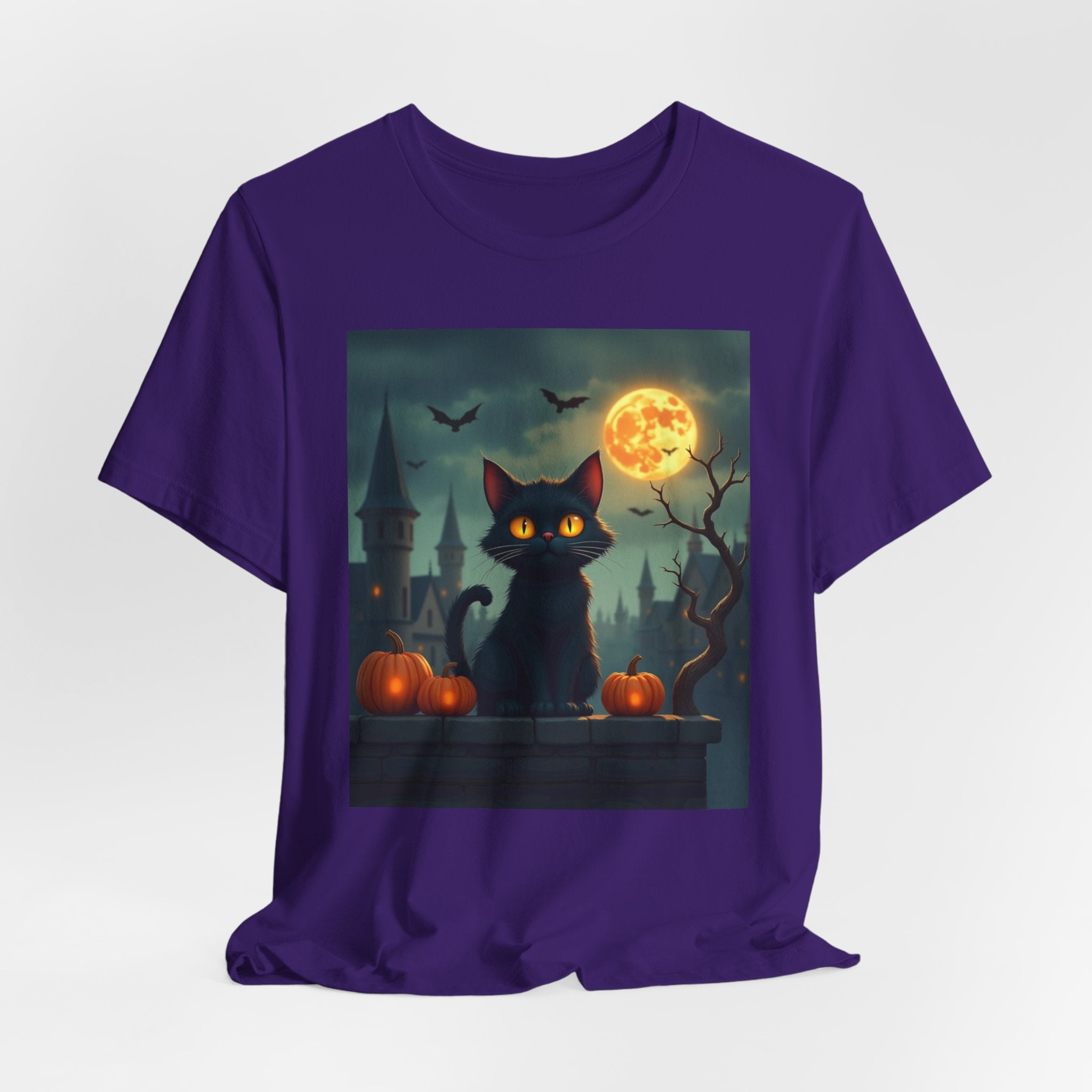 Purple t-shirt with a Halloween-themed graphic of a black cat, pumpkins, and a full moon.