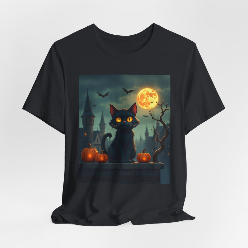 Vintage black t-shirt with a Halloween-themed design featuring a black cat, pumpkins, and a full moon.