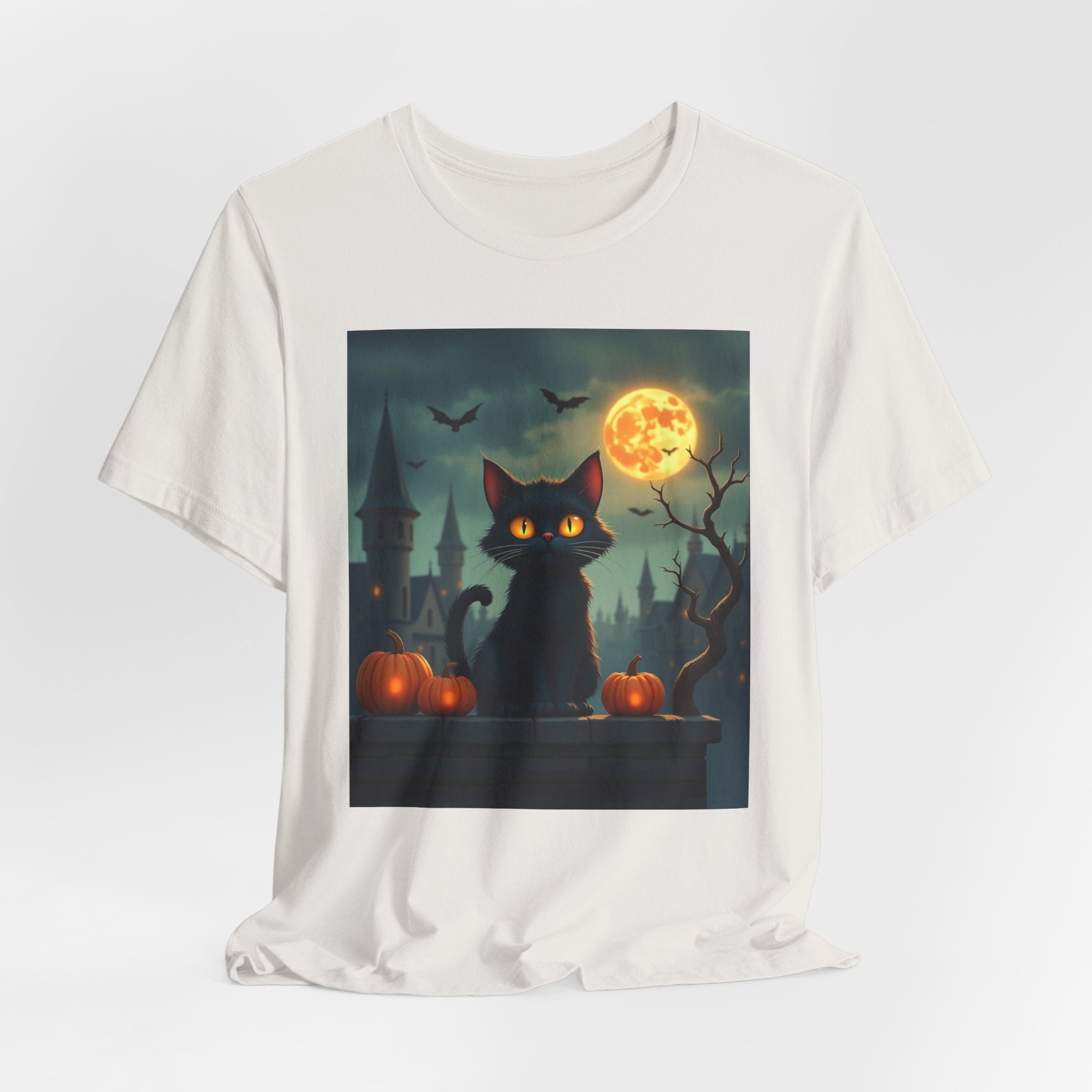 Vintage white t-shirt with a Halloween-themed graphic of a black cat, pumpkins, and a full moon.