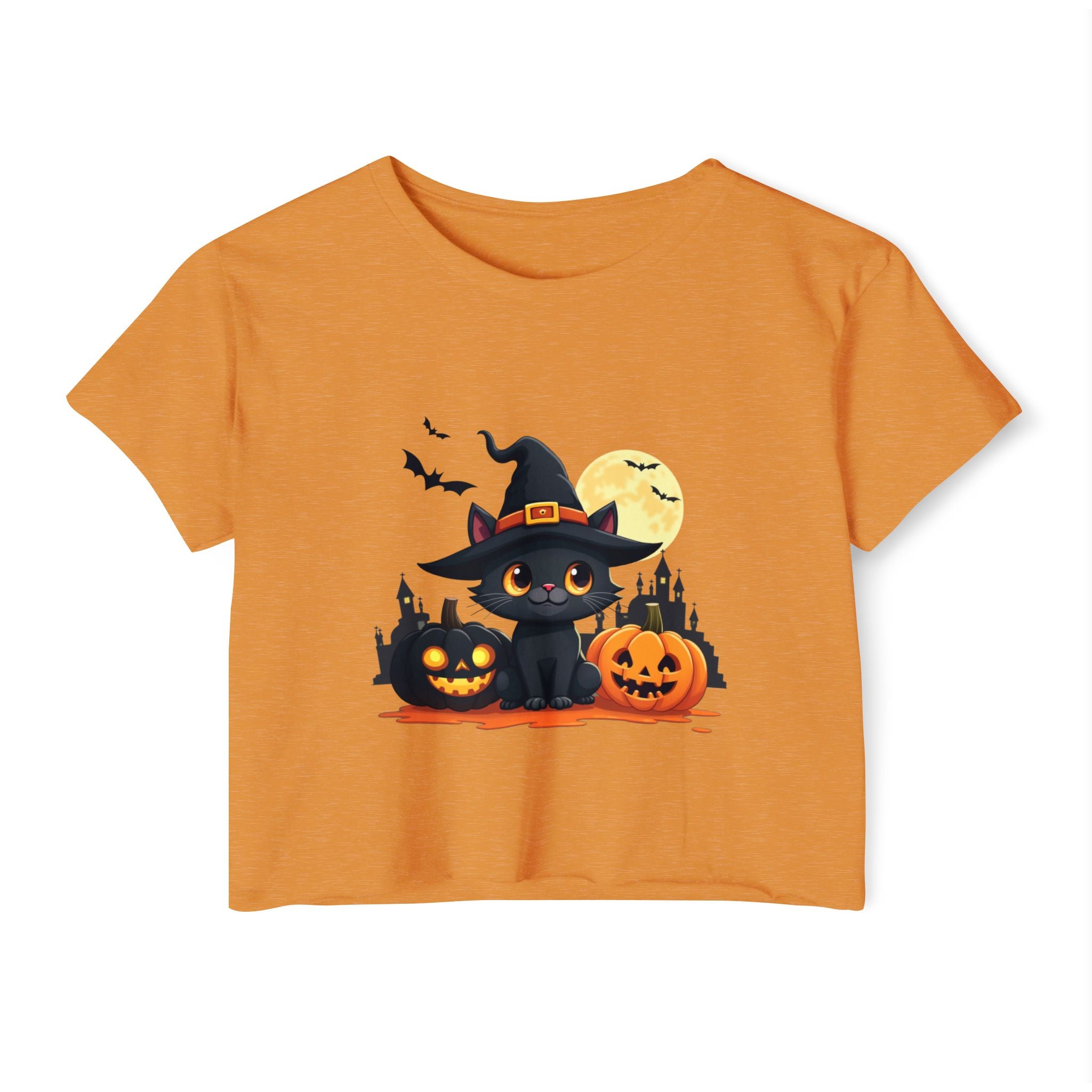 Antique gold orange t-shirt with a Halloween-themed design featuring a black cat, pumpkins, and bats on a white background.