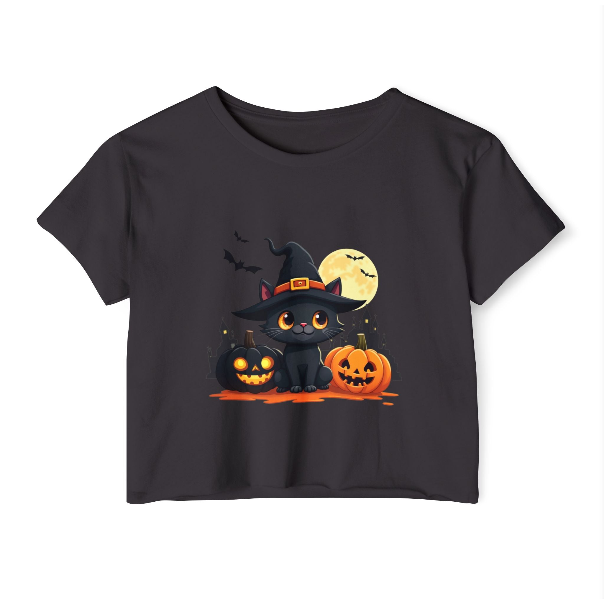 Black t-shirt with Halloween design featuring a black cat, pumpkins, and moon on a white background