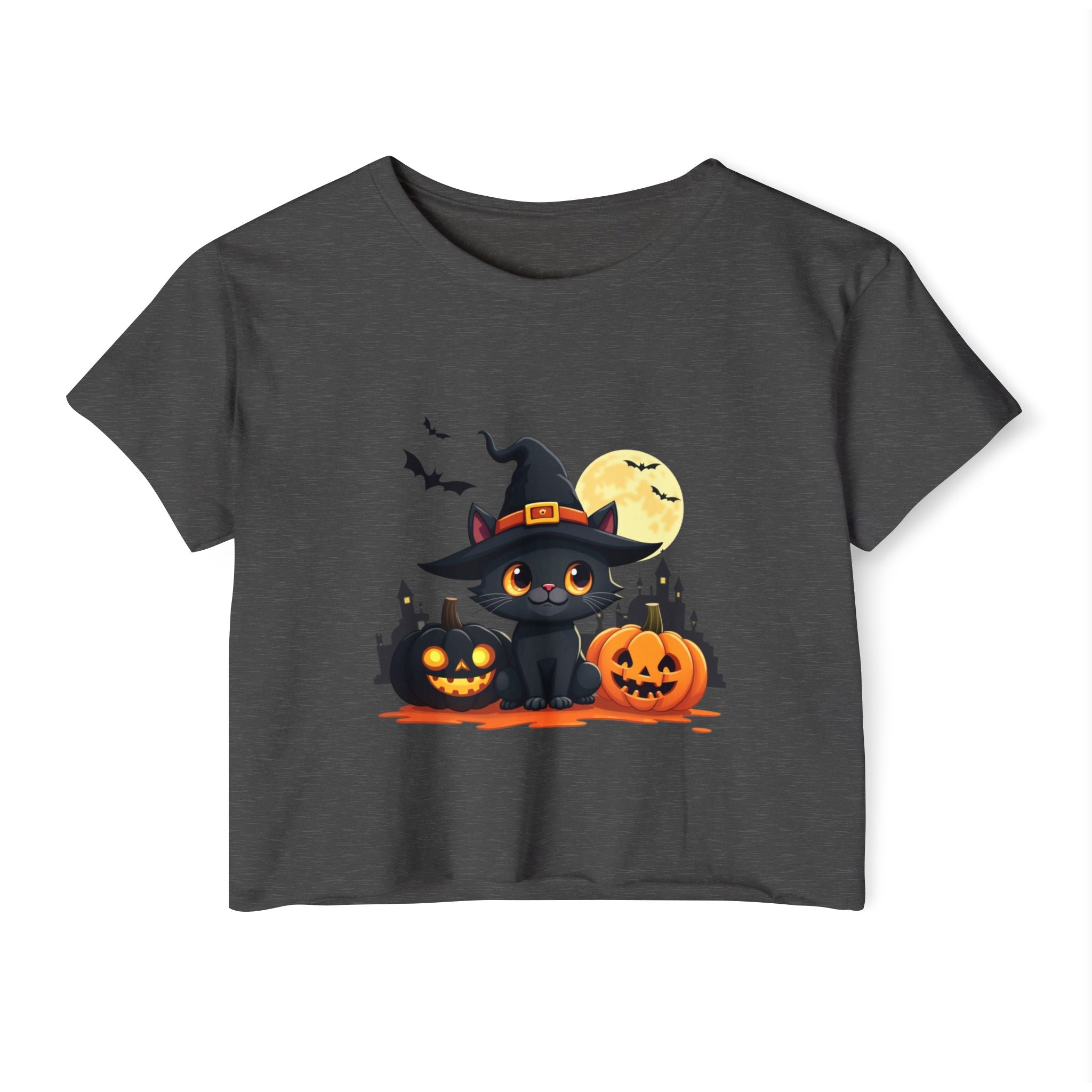Charcoal gray t-shirt with Halloween design featuring a black cat, pumpkins, and moon on a white background.