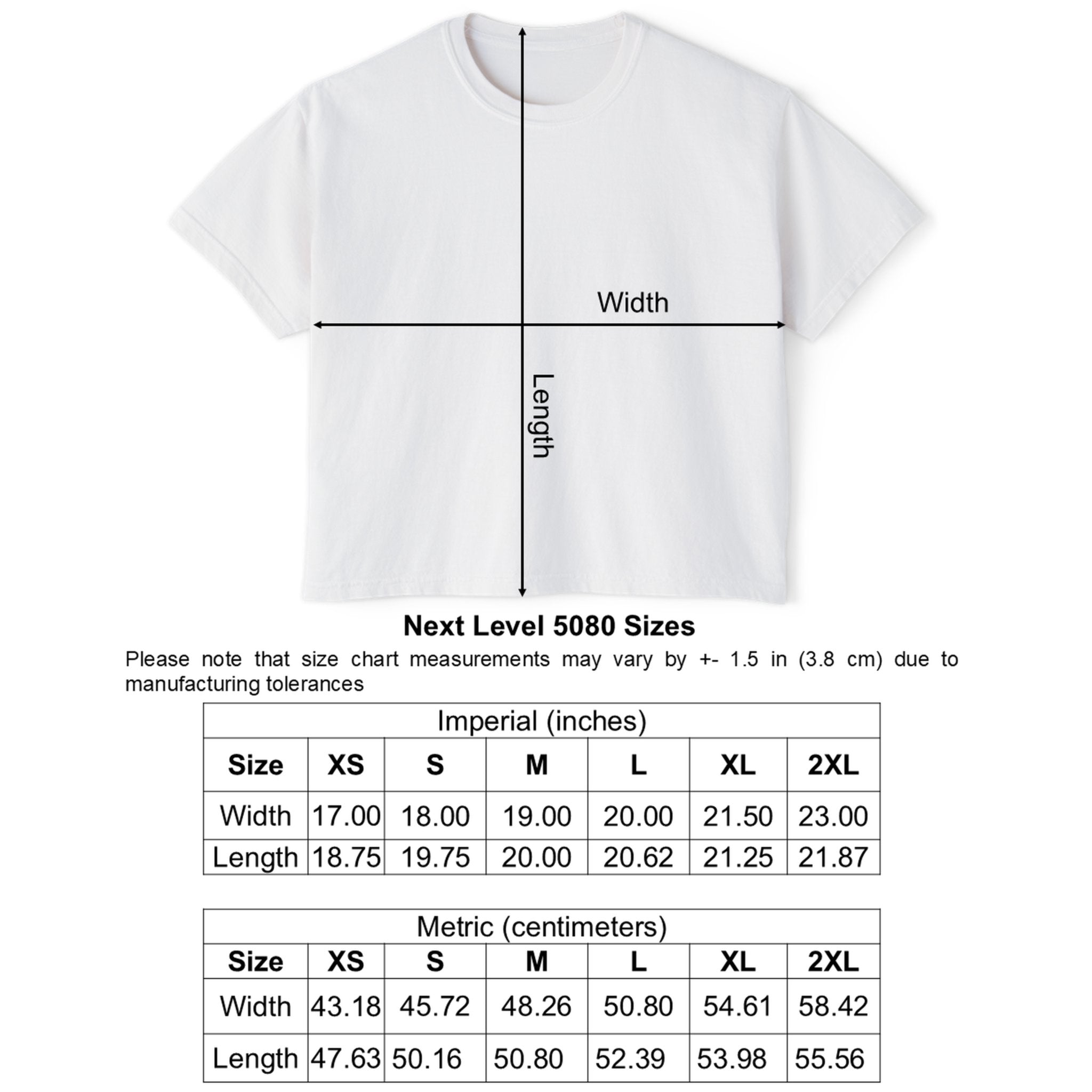 White t-shirt with measurement lines and size chart on a white background
