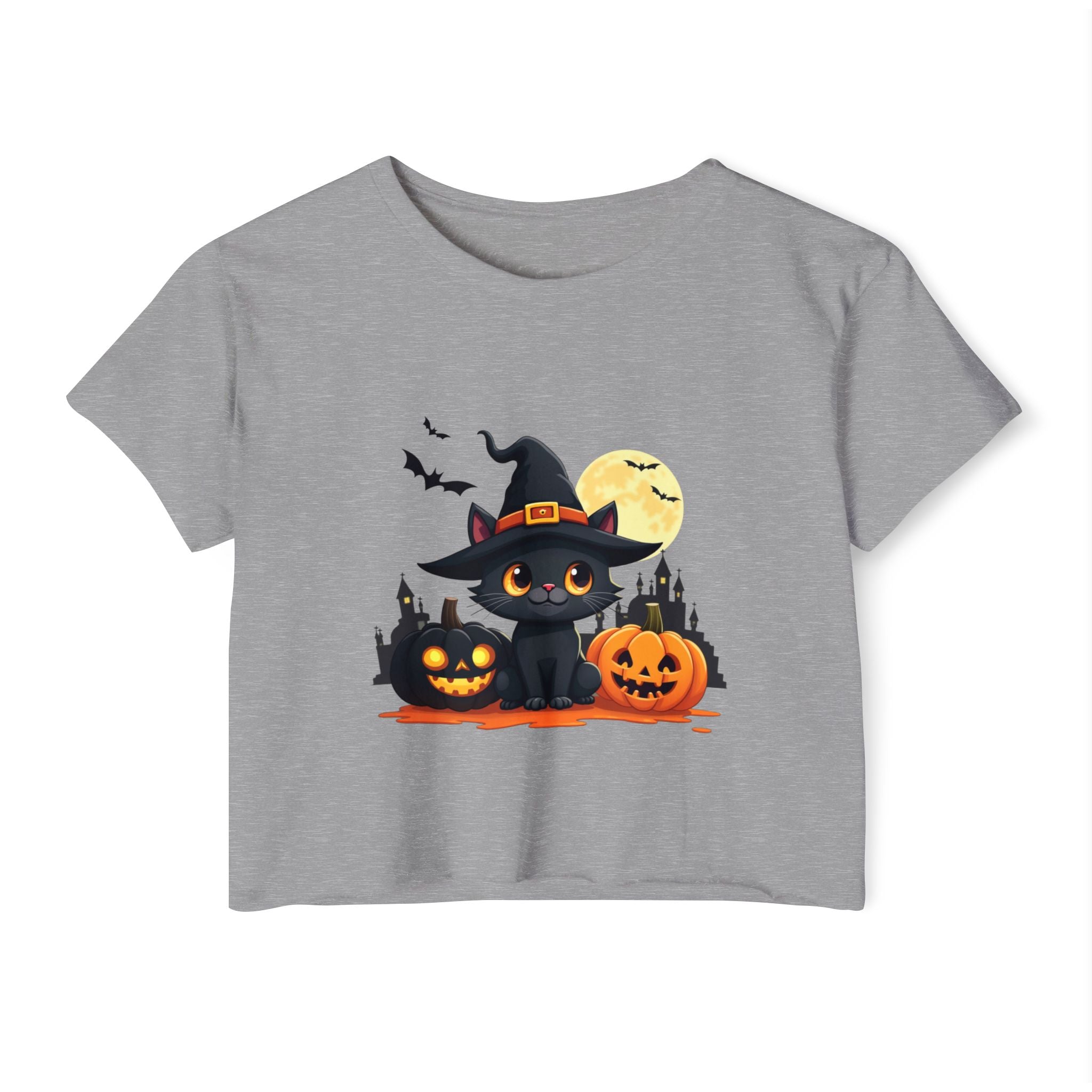 Gray t-shirt with Halloween design featuring a black cat in a witch hat, pumpkins, and a moon.