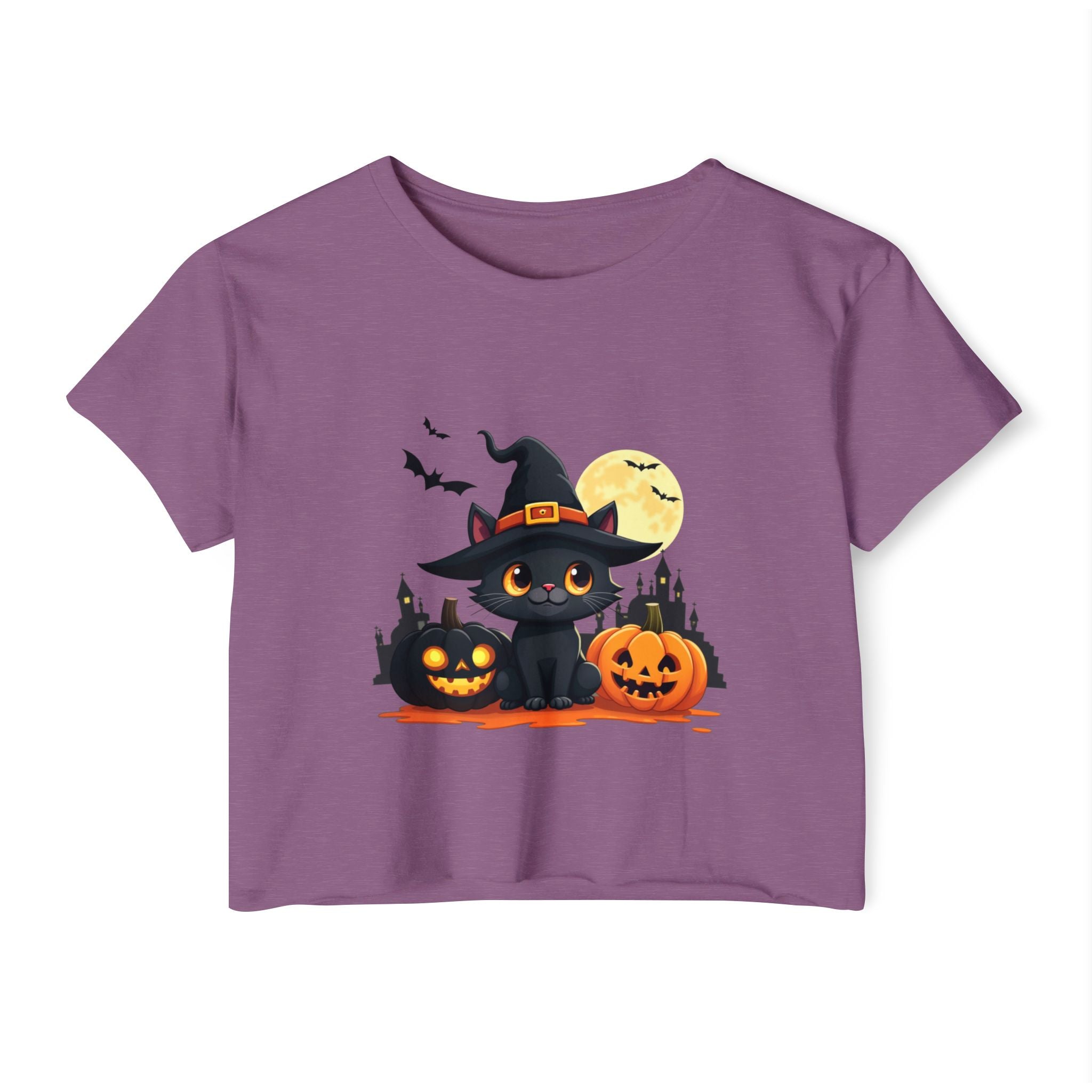 Shiraz purple t-shirt with Halloween design featuring a black cat in a witch hat and pumpkins on a white background.