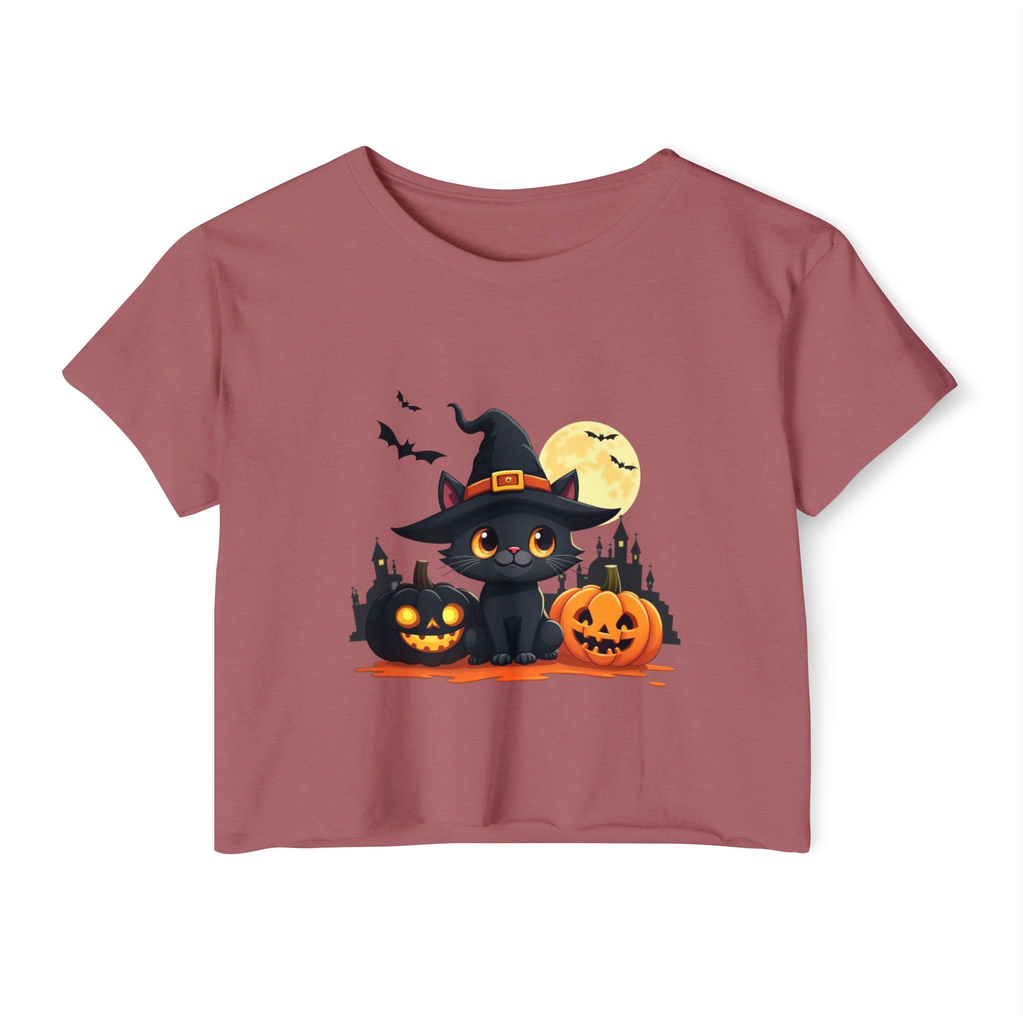 Smoked paprika t-shirt with Halloween-themed design featuring a black cat, pumpkins, and bats on a white background.