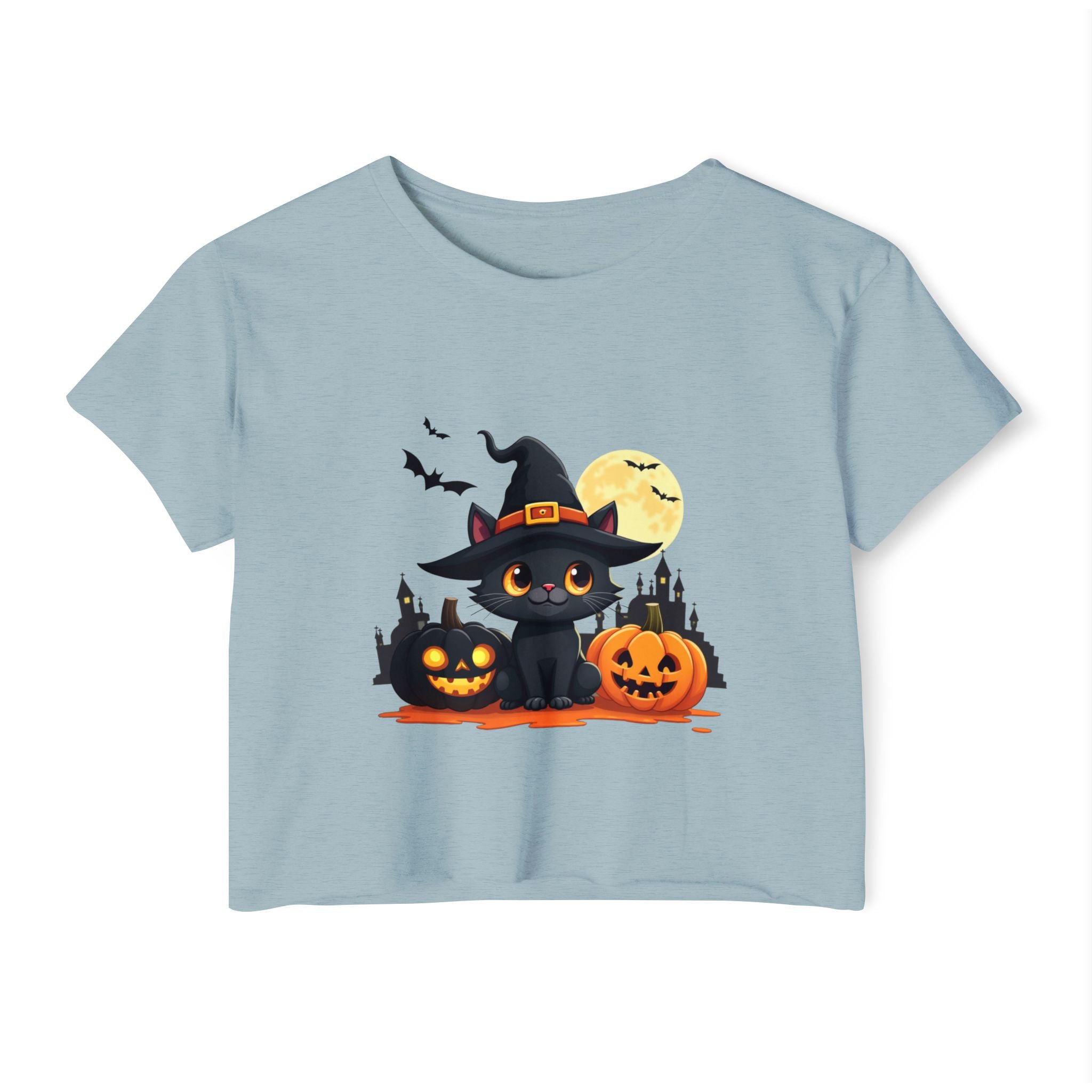 Stonewash denim light blue t-shirt with Halloween-themed design featuring a black cat, pumpkins, and a moon.