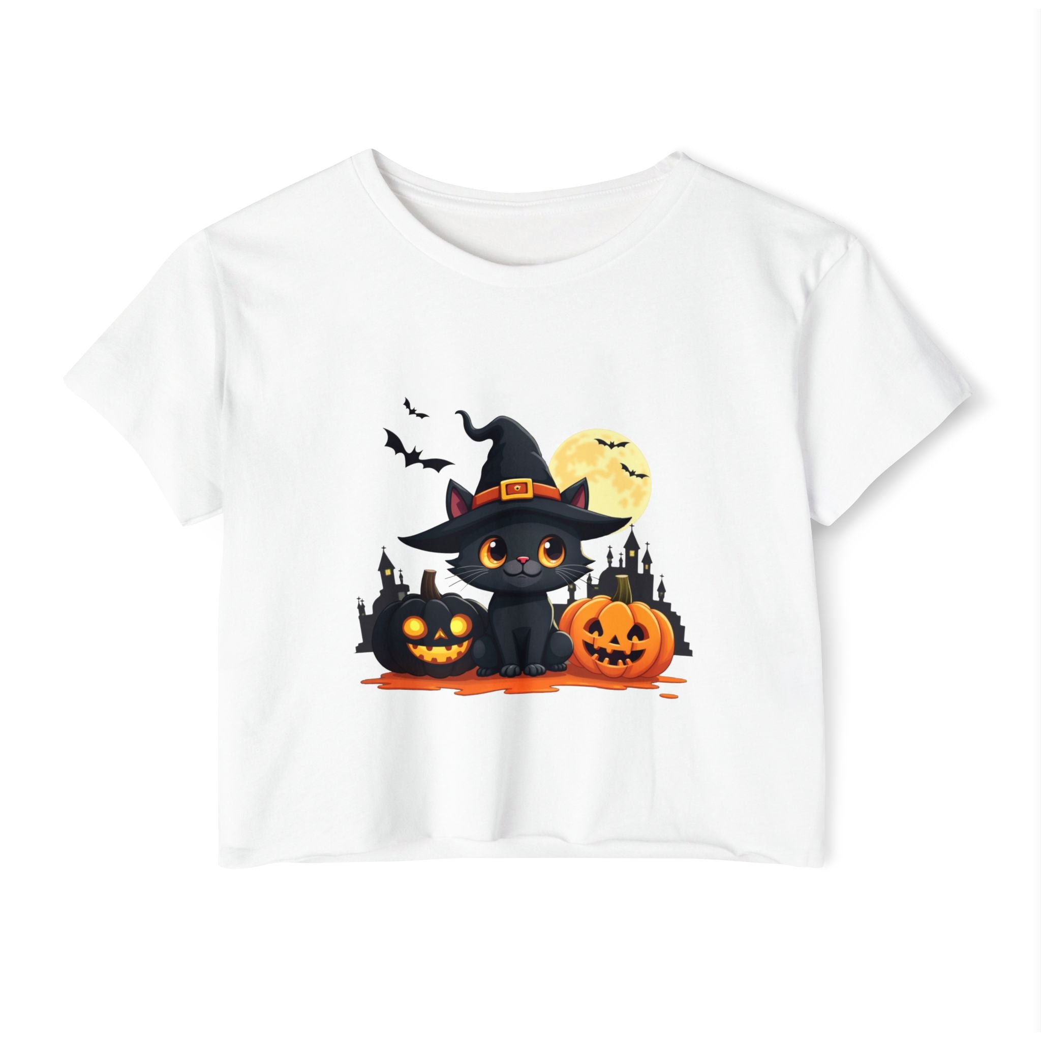 White t-shirt with Halloween-themed design featuring a black cat, pumpkins, and bats on a white background.