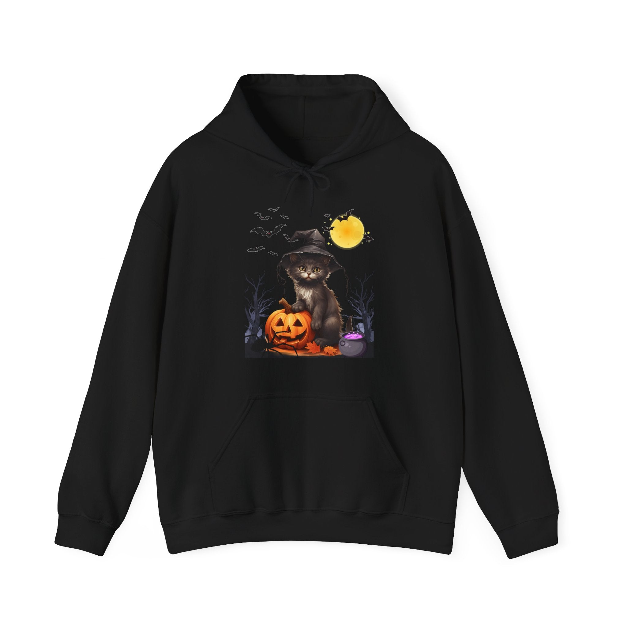 Black hoodie with a Halloween-themed design featuring a cat, pumpkin, and moon on a white background.
