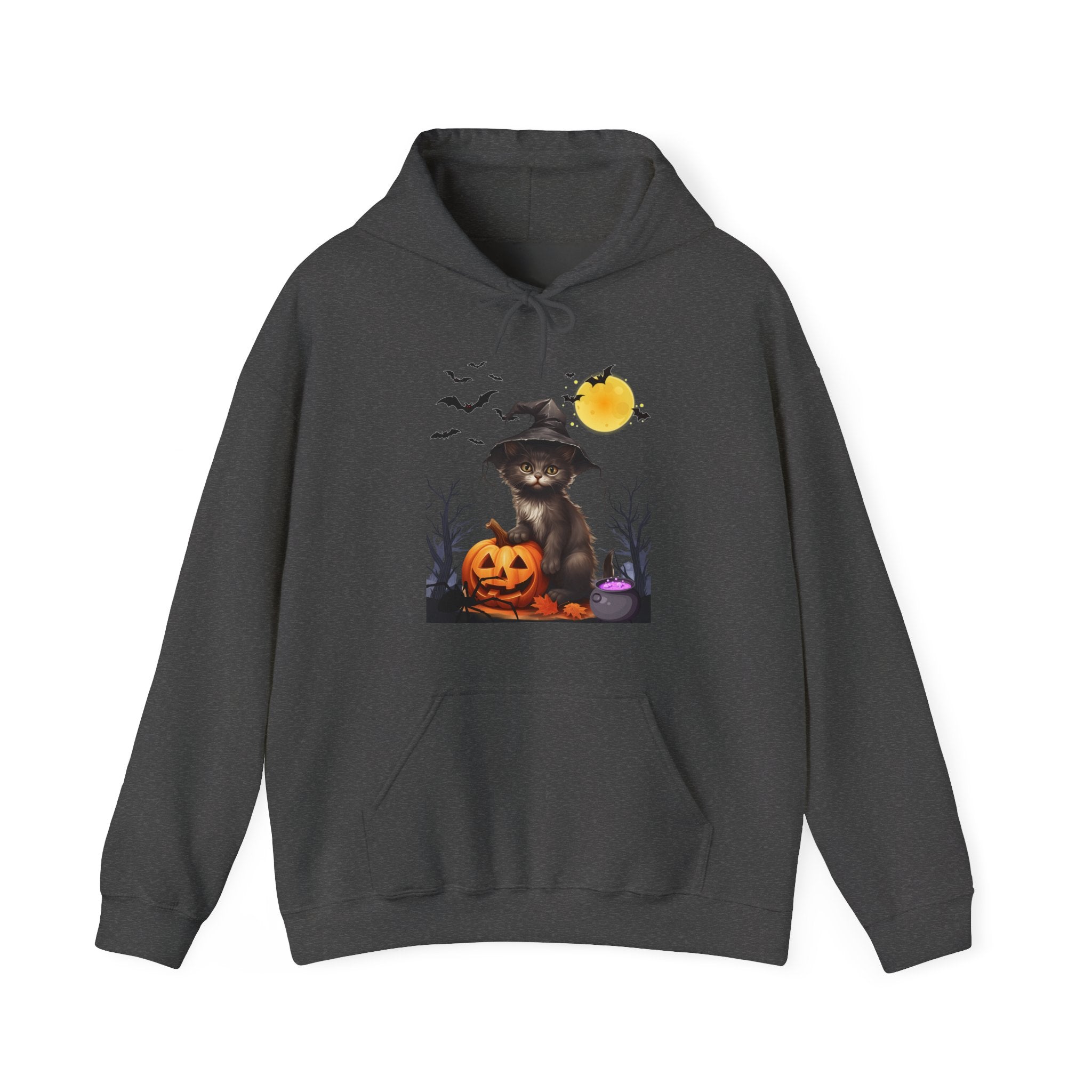 Dark gray hoodie with a Halloween-themed design featuring a cat in a hat, pumpkin, and moon on a white background.
