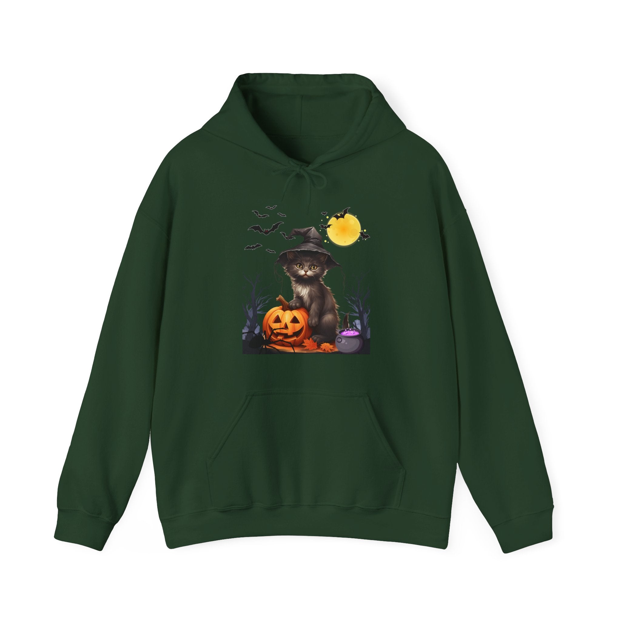 Forest green hoodie with a Halloween-themed design featuring a cat in a witch hat, pumpkin, and moon on a white background.