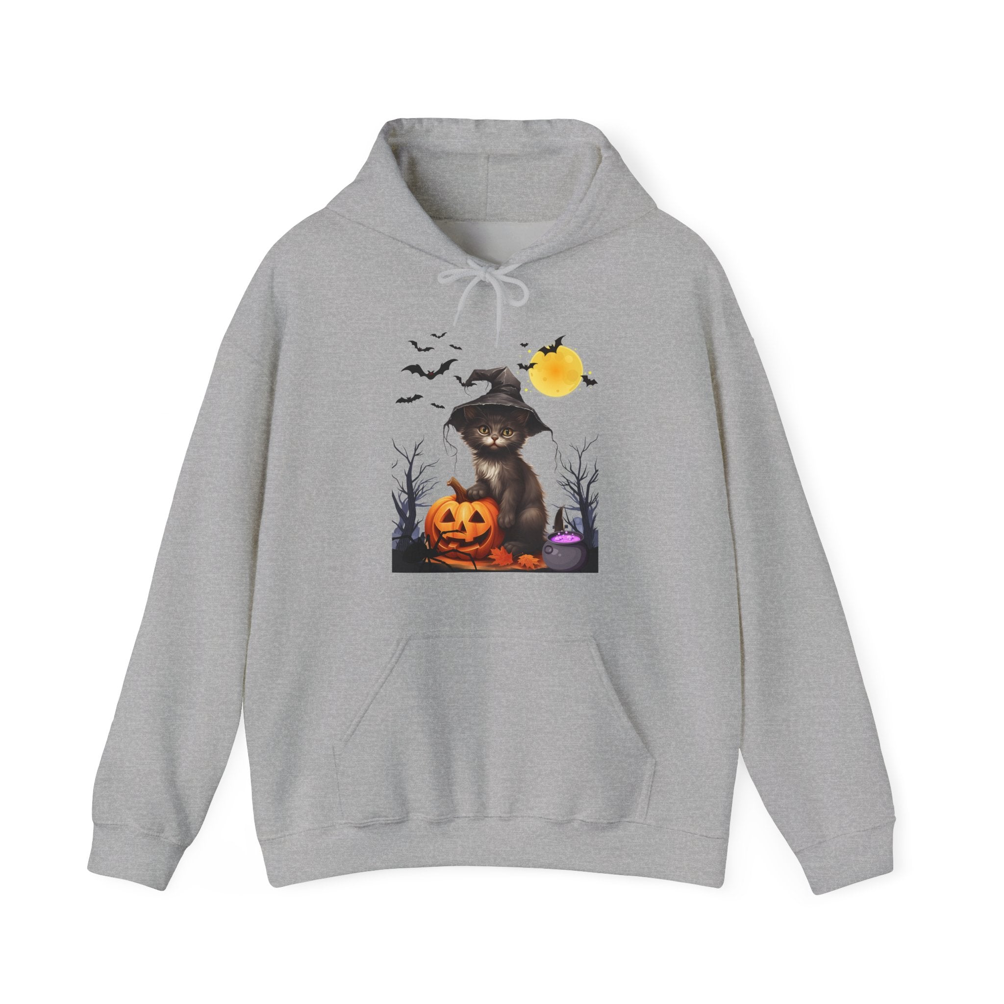 Gray hoodie with Halloween-themed design featuring a cat in a witch hat and pumpkins on a white background.
