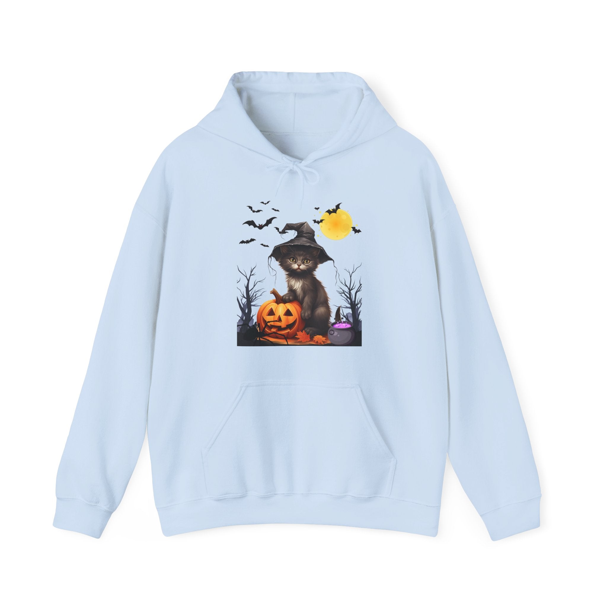 Light blue hoodie with Halloween-themed design featuring a cat in a witch hat and pumpkin.