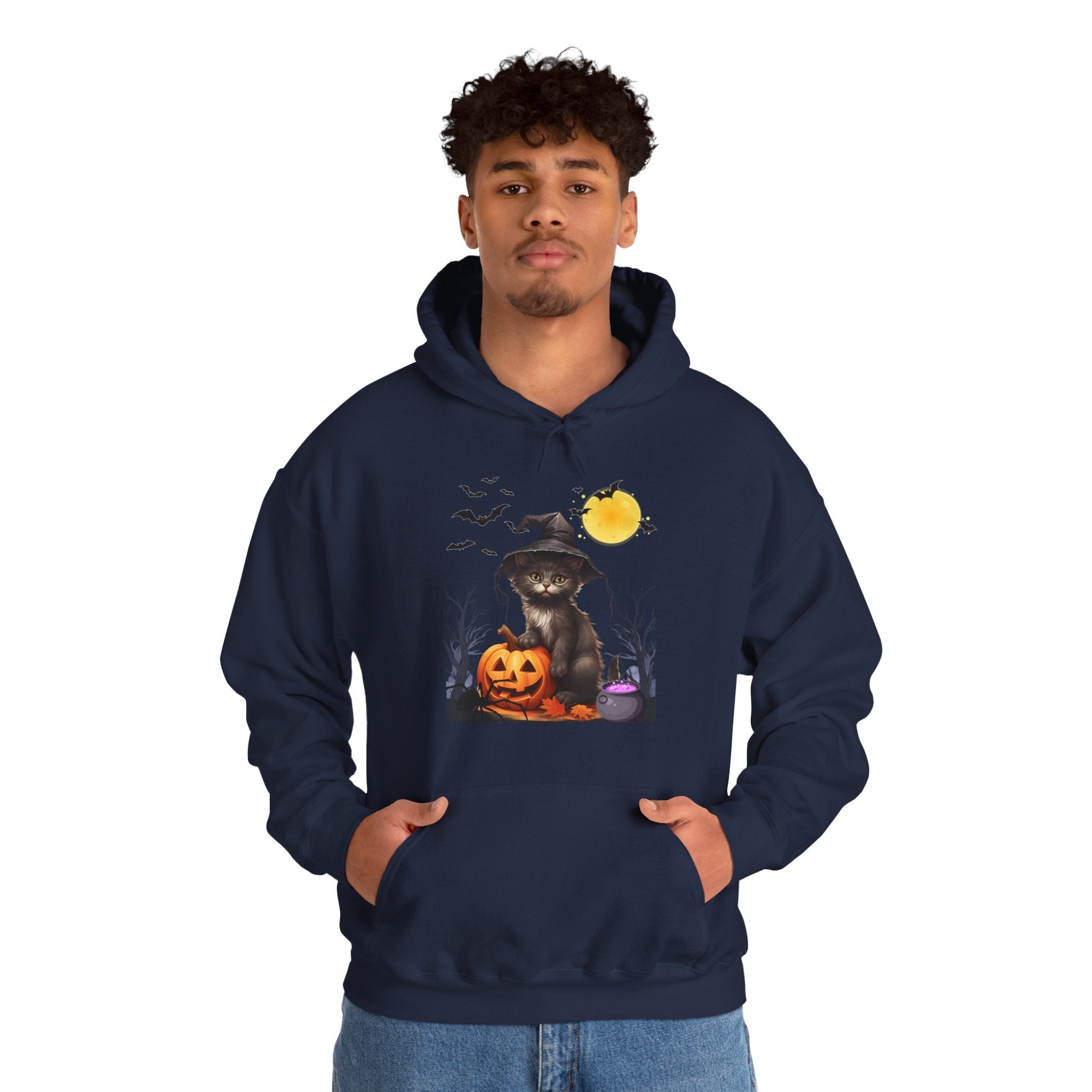 Person wearing a navy blue hoodie with a Halloween-themed design on a white background