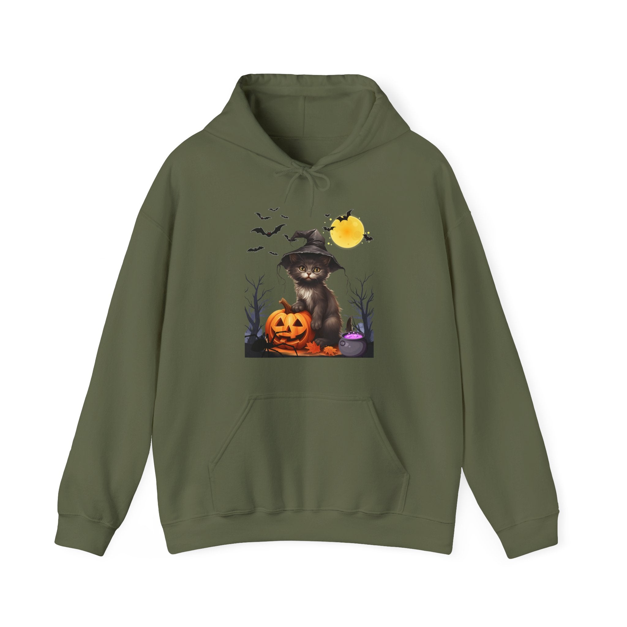 Military green hoodie with a Halloween-themed graphic of a cat in a witch hat, pumpkin, and full moon.