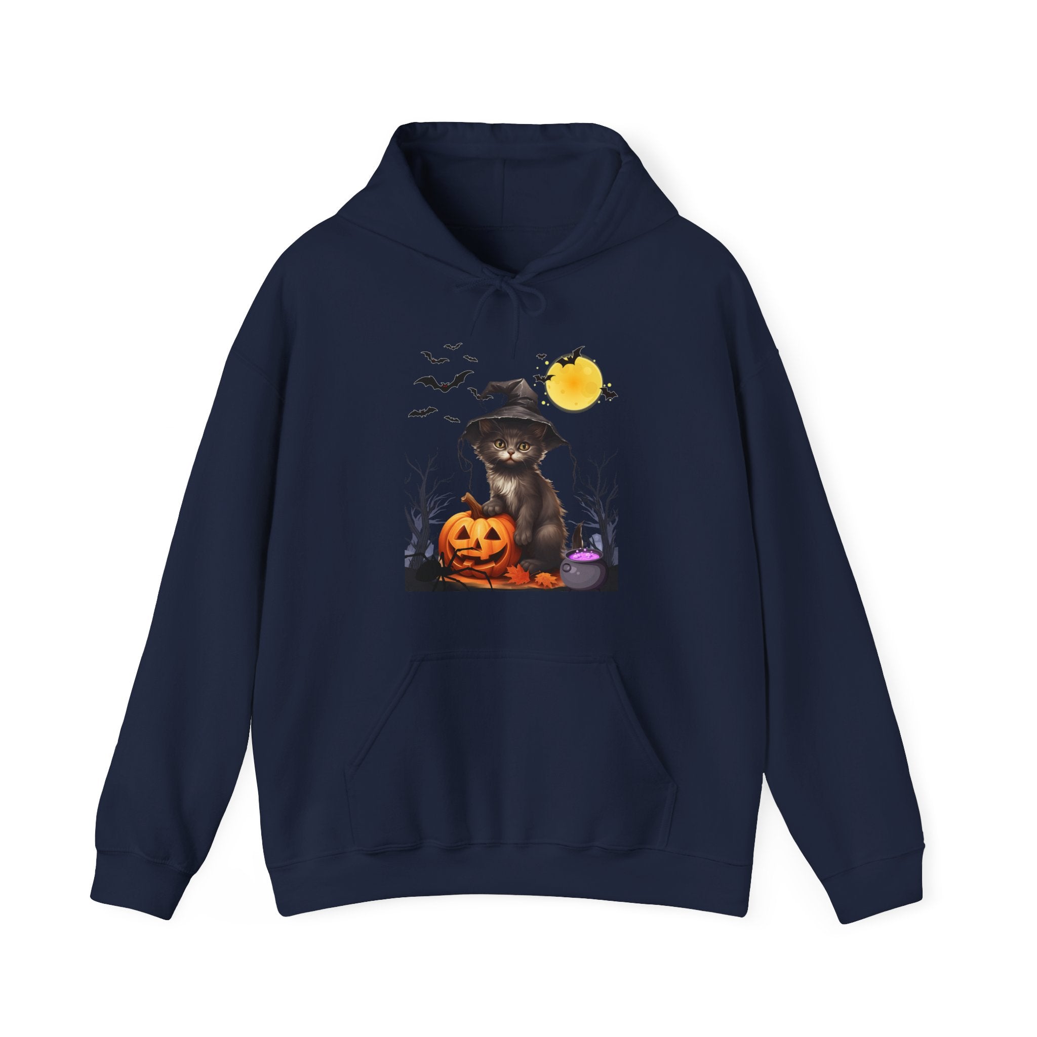 Navy blue hoodie with a Halloween-themed graphic on a white background