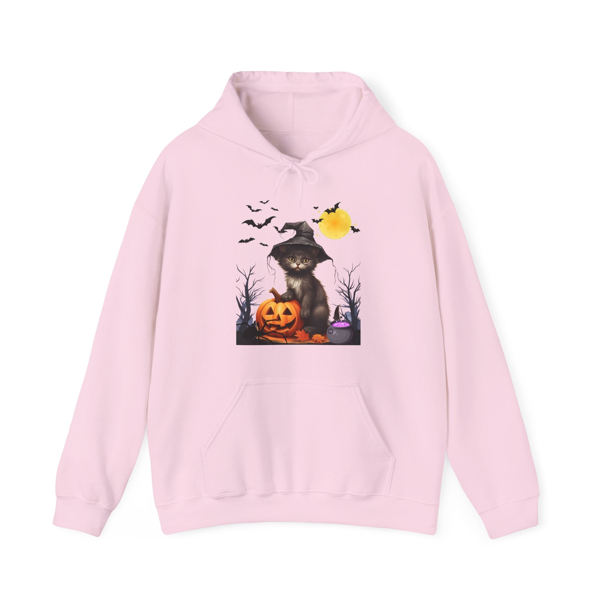 Pink hoodie with Halloween-themed design featuring a cat in a hat, pumpkin, and bats on a white background.