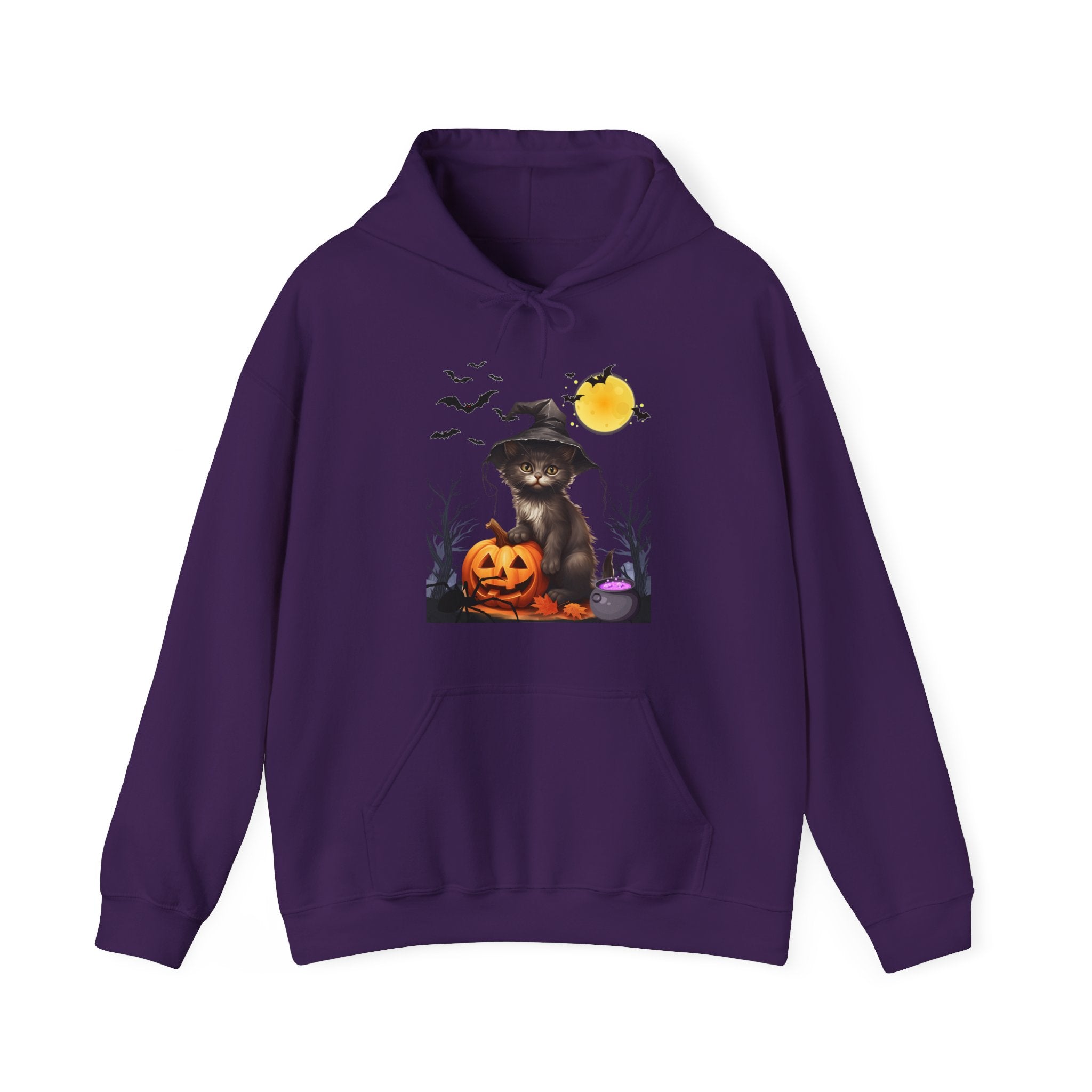 Purple hoodie with a Halloween-themed design featuring a cat in a witch hat and pumpkin.