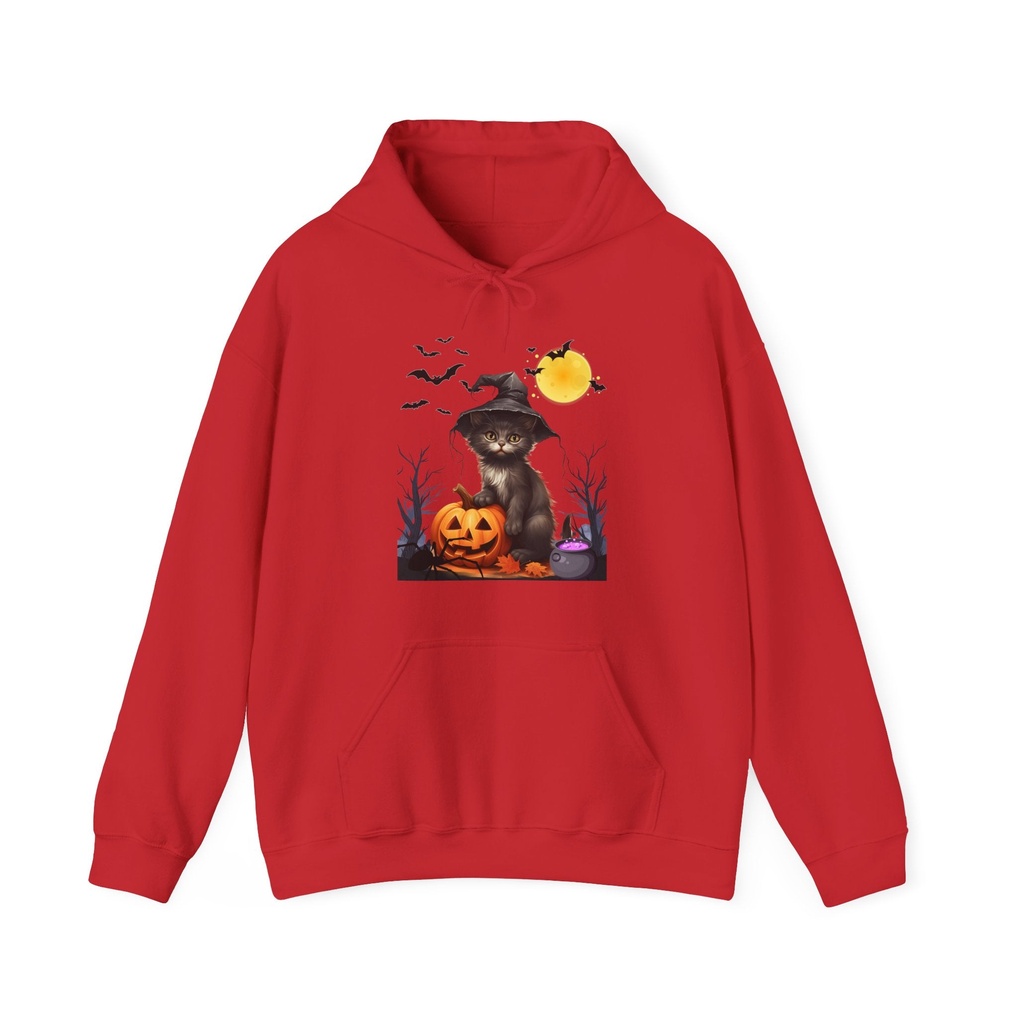 Red hoodie with a Halloween-themed design featuring a cat in a witch hat and pumpkin.