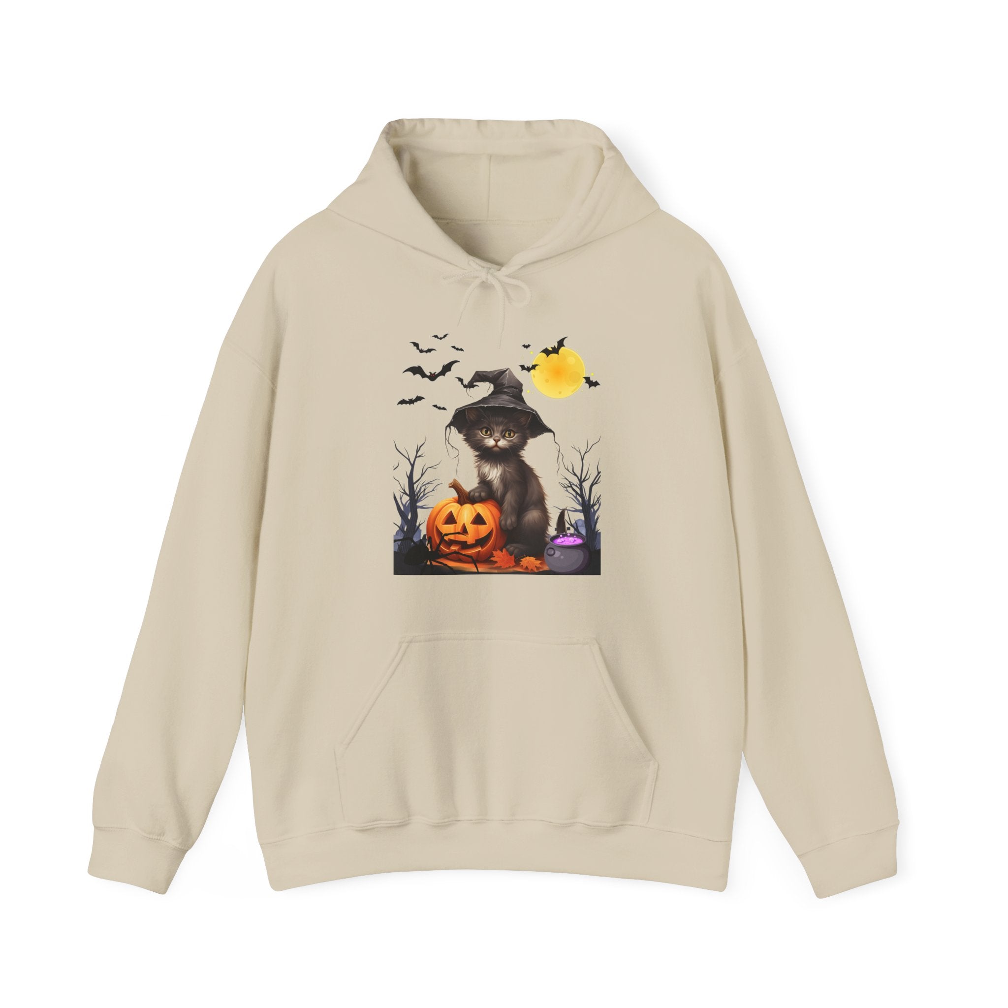 Beige hoodie with a Halloween-themed graphic on a white background