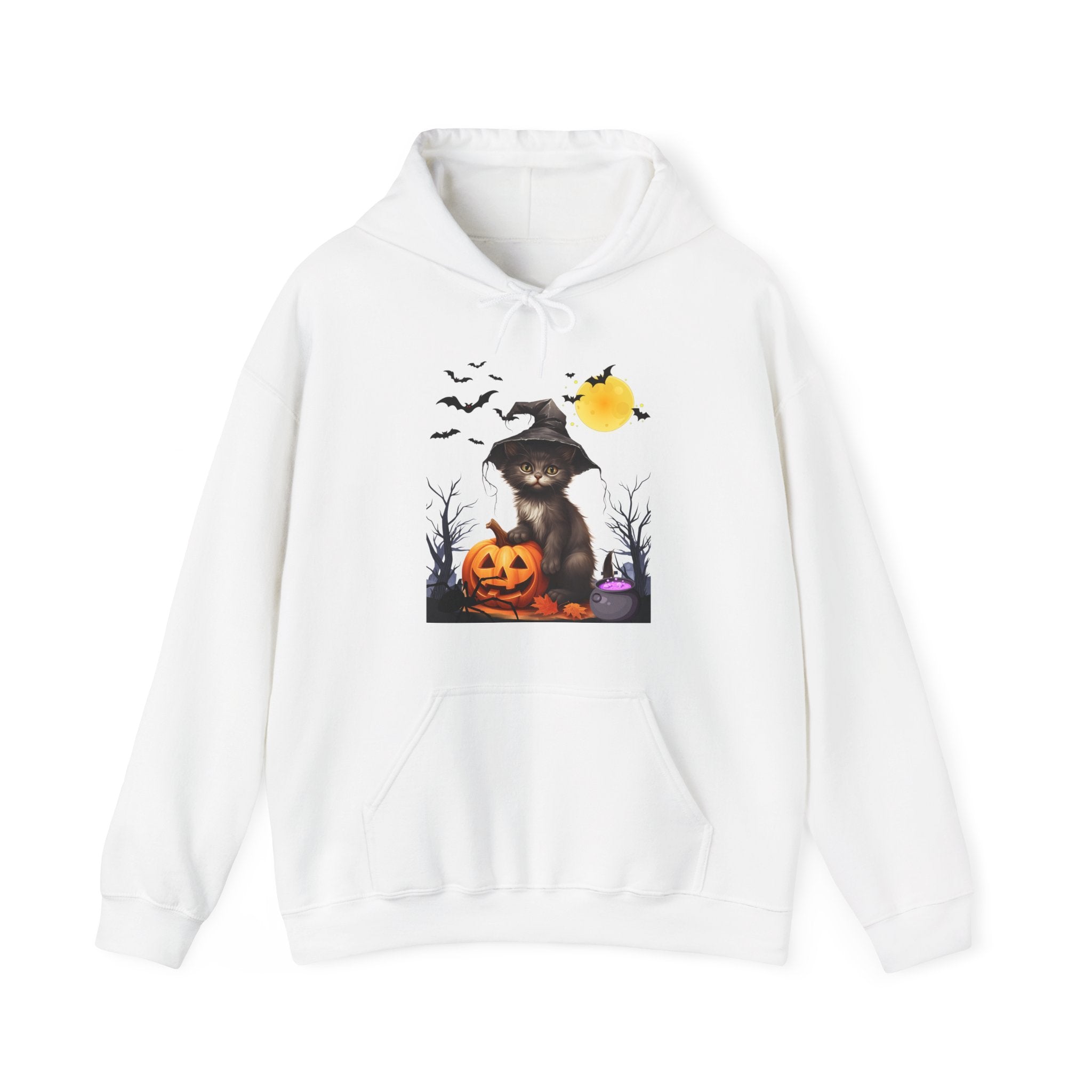 White hoodie with Halloween-themed design featuring a cat in a witch hat and pumpkins.