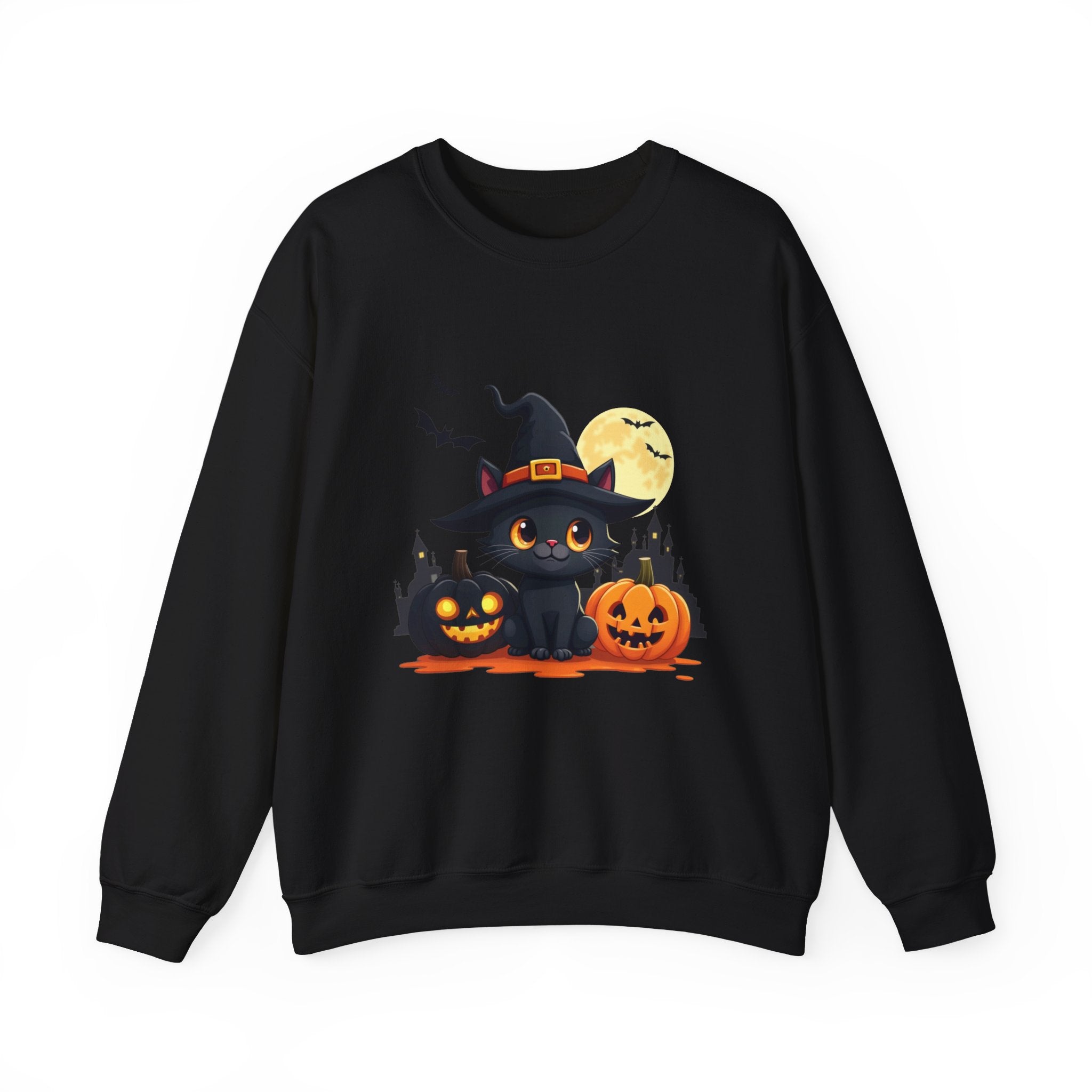 Black sweatshirt with Halloween-themed design featuring a cat, pumpkins, and moon on a white background.