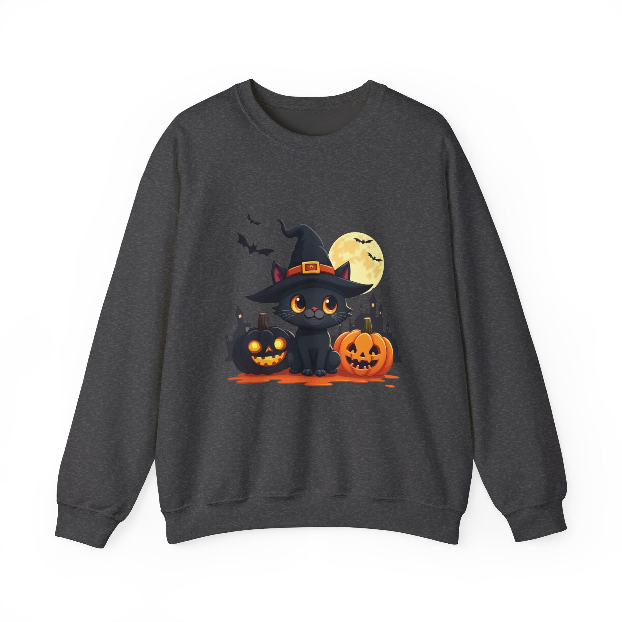 Dark heather gray sweatshirt with Halloween-themed design featuring a black cat, pumpkins, and a full moon on a white background.