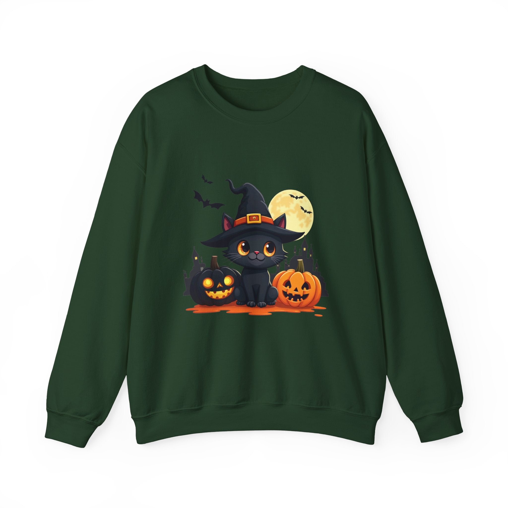 Forest green sweatshirt with Halloween-themed design featuring a black cat, pumpkins, and a moon.