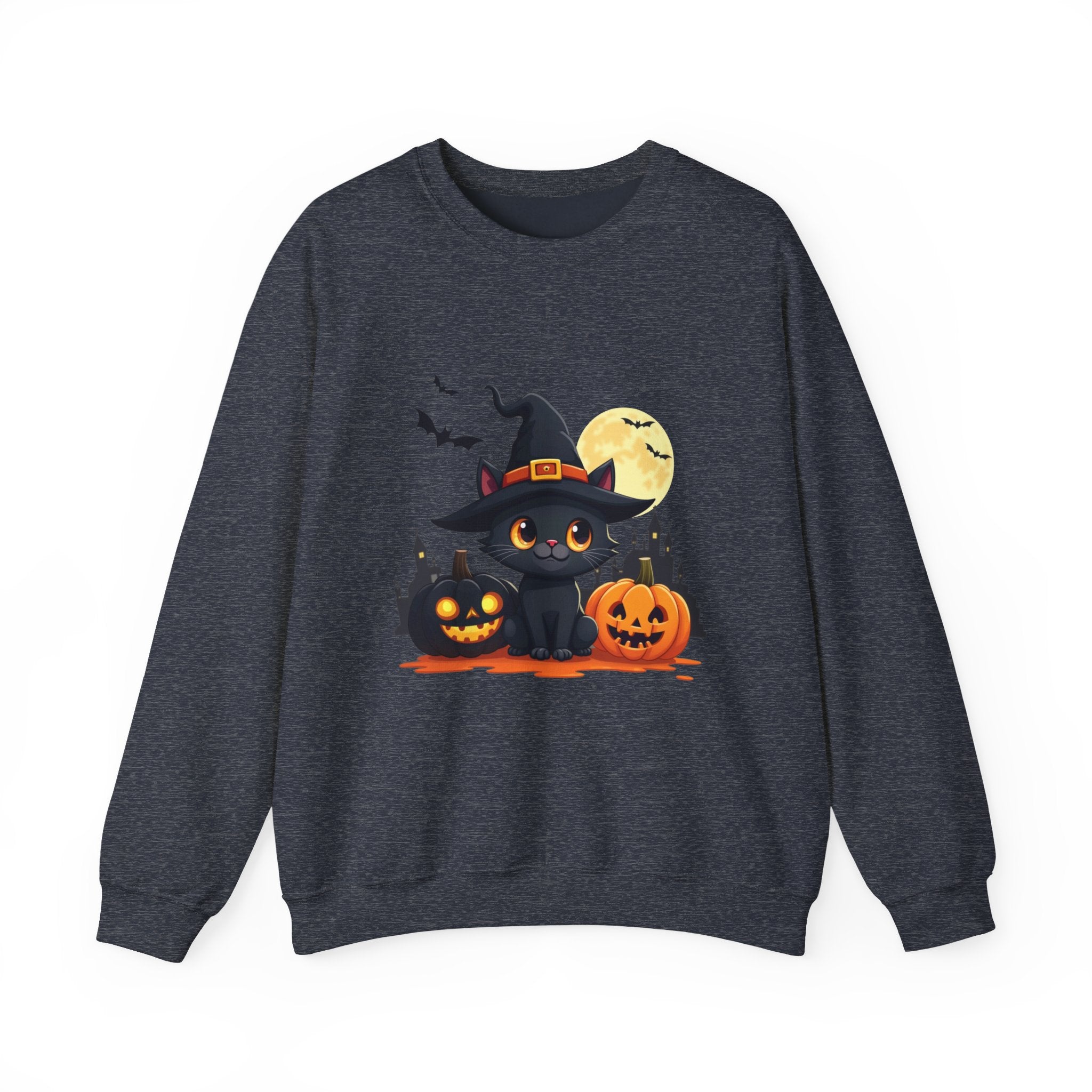 Heather sport dark navy gray sweatshirt with Halloween-themed design featuring a black cat, pumpkins, and a moon on a white background.