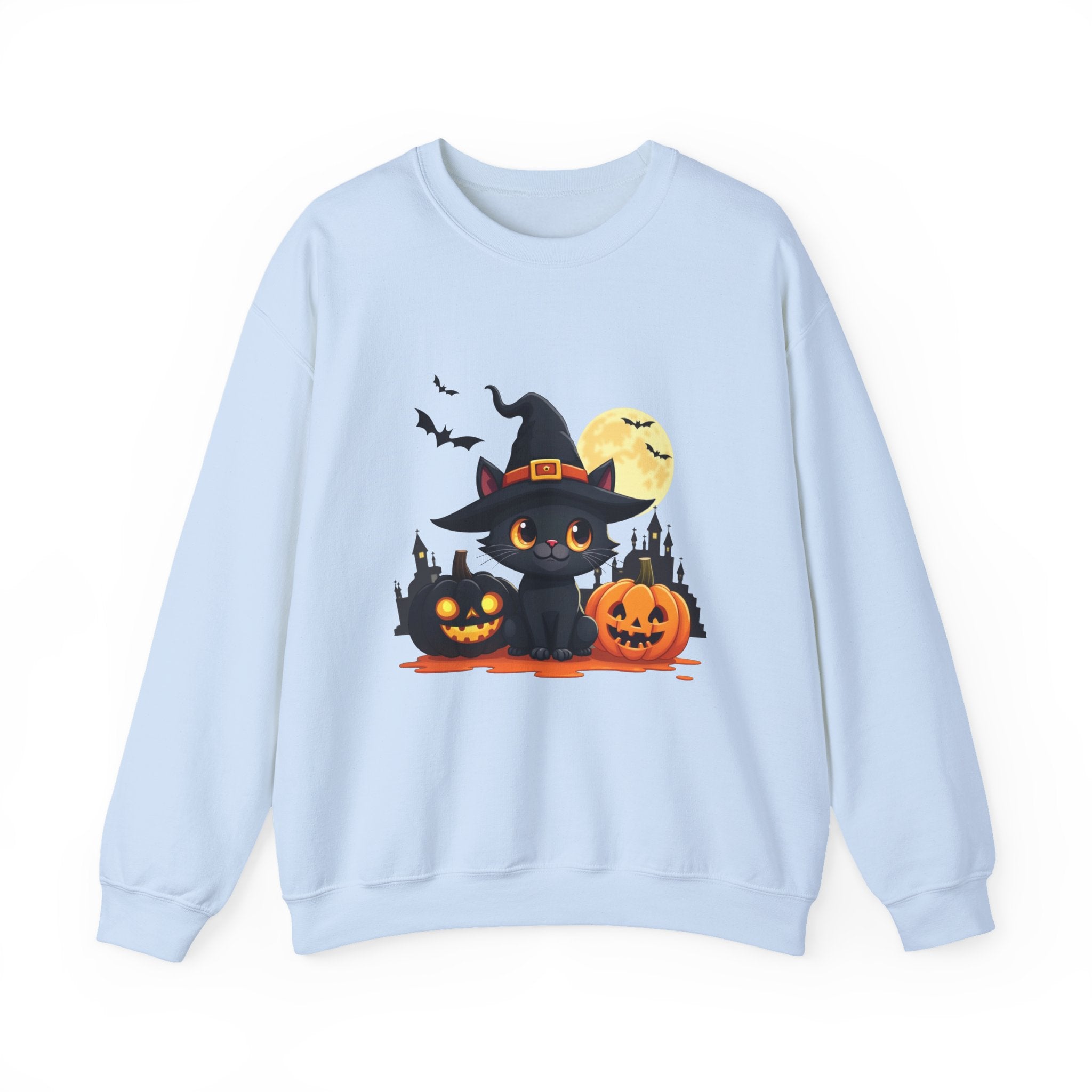 Light blue sweatshirt with Halloween-themed design featuring a black cat, pumpkins, and bats on a white background.