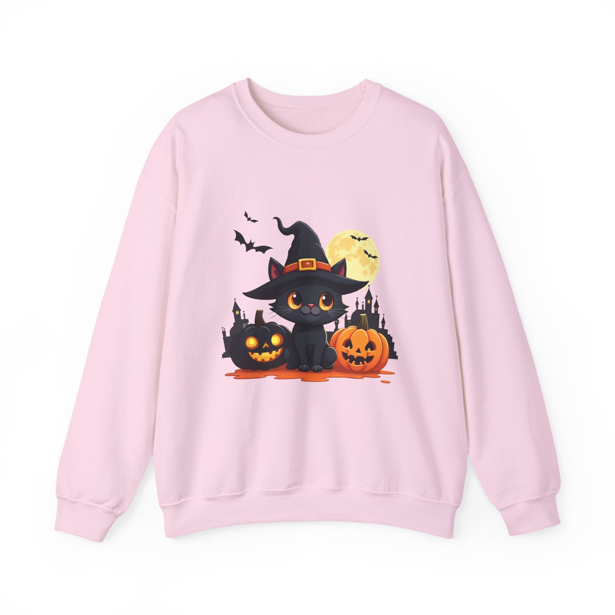 Pink sweatshirt with Halloween-themed design featuring a black cat, pumpkins, and bats on a white background.